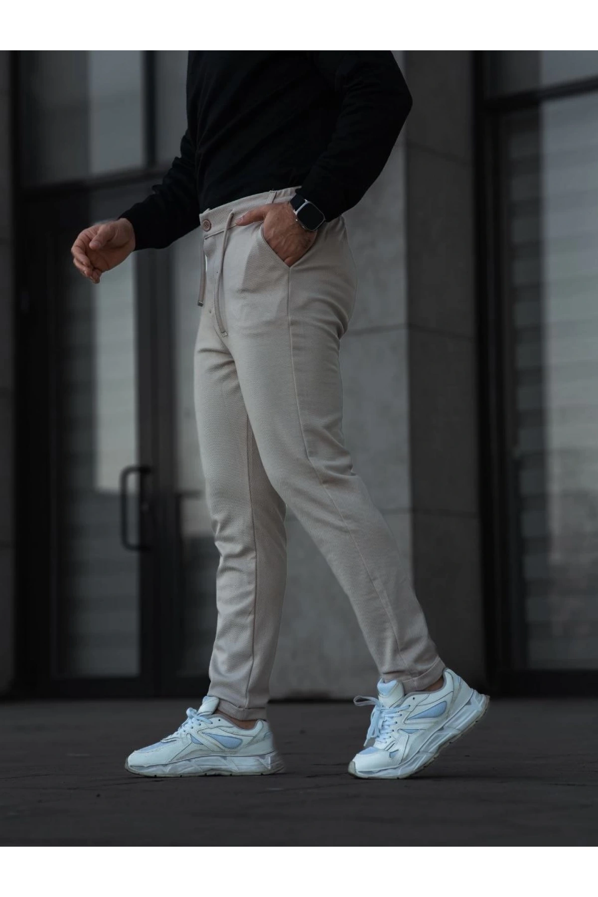 Erkek Diagonel Mikro dokulu Cepli Pantolon - Bej