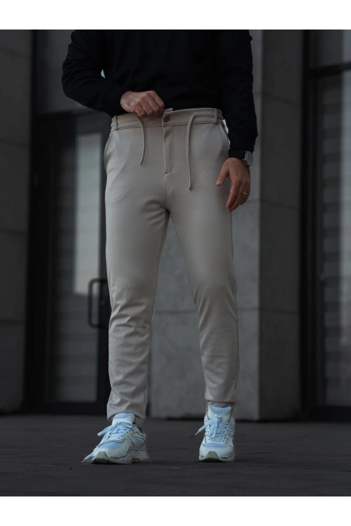 Erkek Diagonel Mikro dokulu Cepli Pantolon - Bej