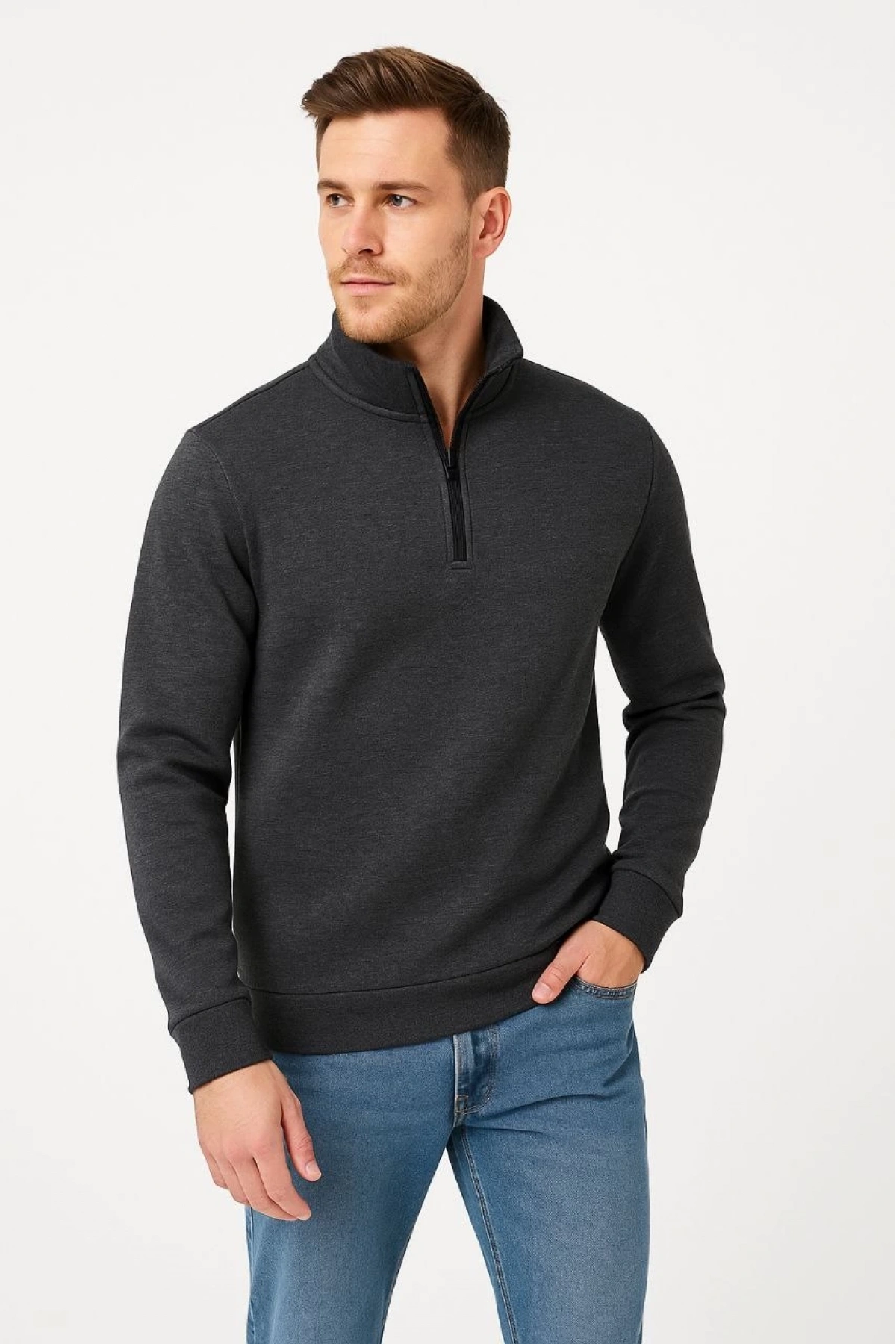Erkek Dik Yaka Sweatshirt Dik Yaka Yarım Fermuarlı 3 İplik Şardonlu Pamuk Kumaş - Antrasit