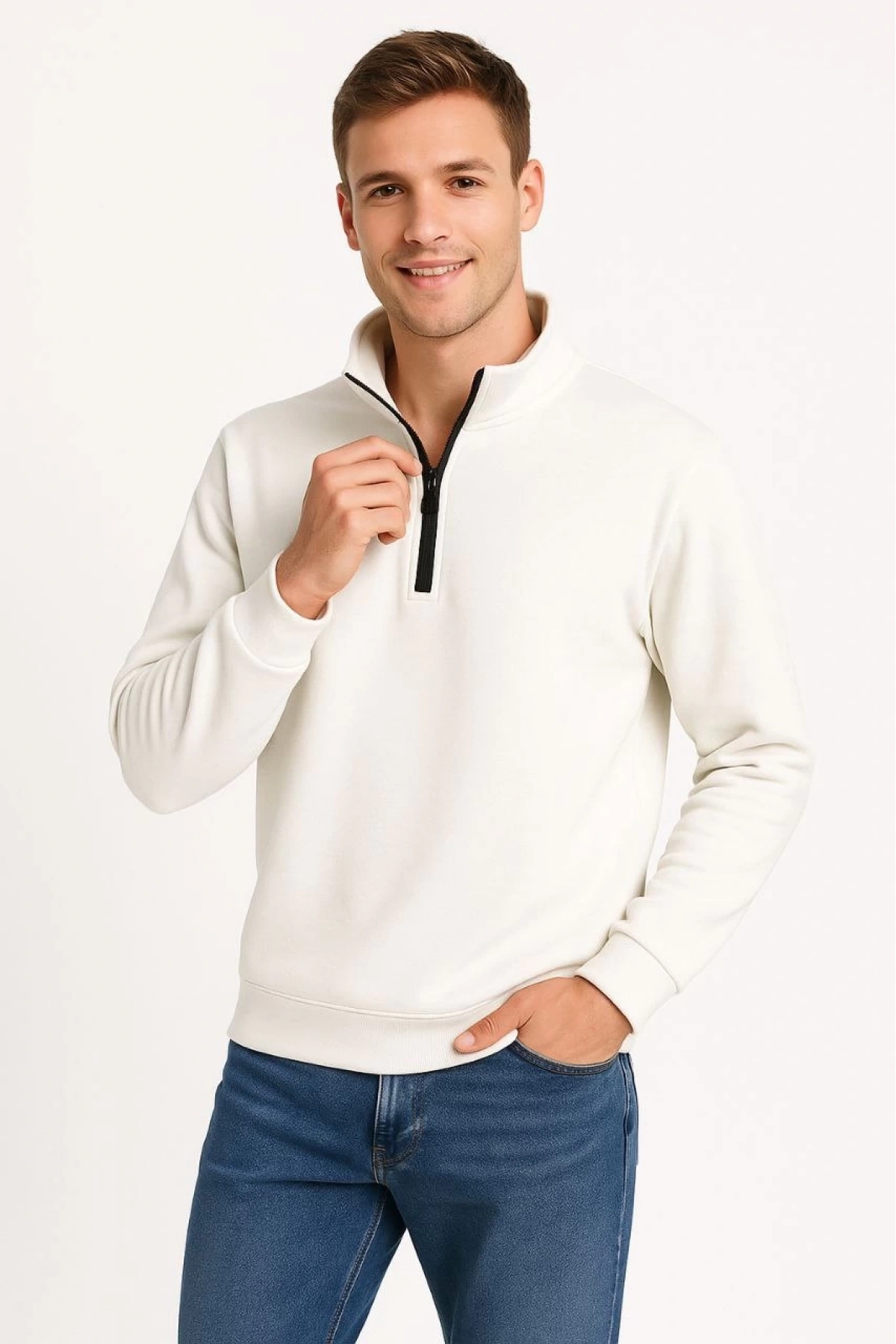 Erkek Dik Yaka Sweatshirt Dik Yaka Yarım Fermuarlı 3 İplik Şardonlu Pamuk Kumaş - Beyaz