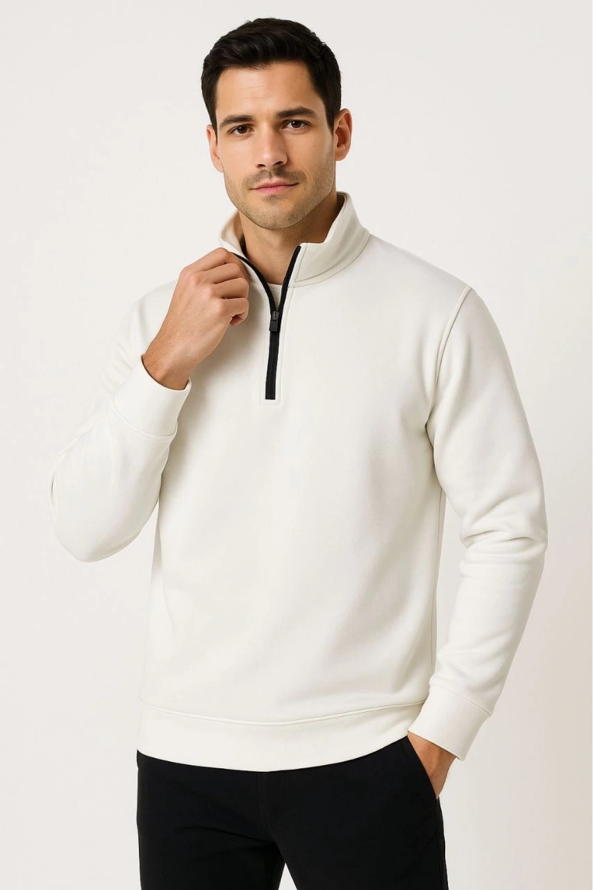 Erkek Dik Yaka Sweatshirt Dik Yaka Yarım Fermuarlı 3 İplik Şardonlu Pamuk Kumaş - Beyaz
