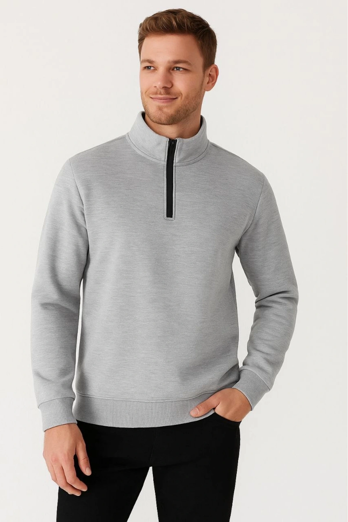 Erkek Dik Yaka Sweatshirt Dik Yaka Yarım Fermuarlı 3 İplik Şardonlu Pamuk Kumaş - Gri