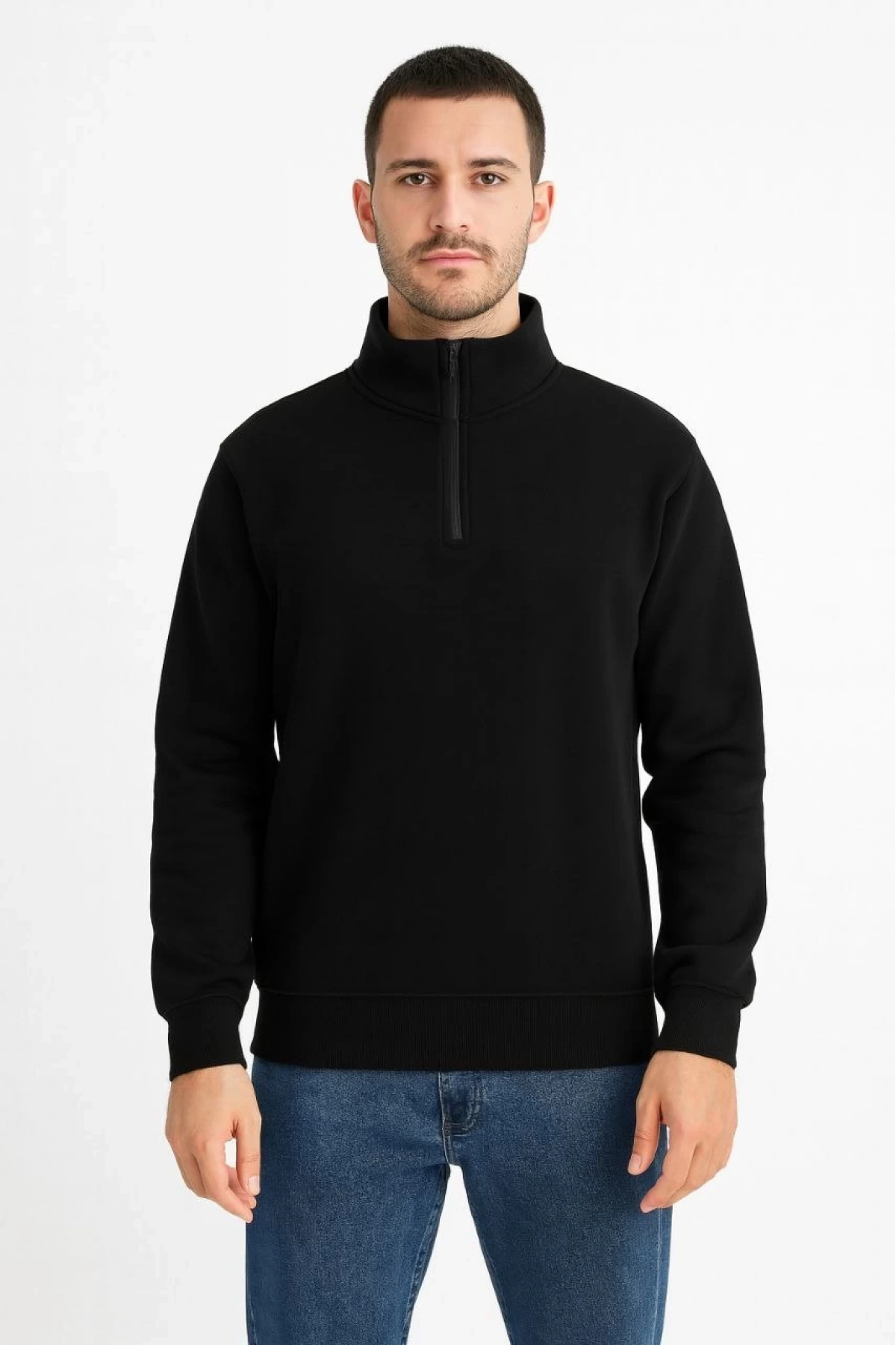 Erkek Dik Yaka Sweatshirt Dik Yaka Yarım Fermuarlı 3 İplik Şardonlu Pamuk Kumaş - Siyah
