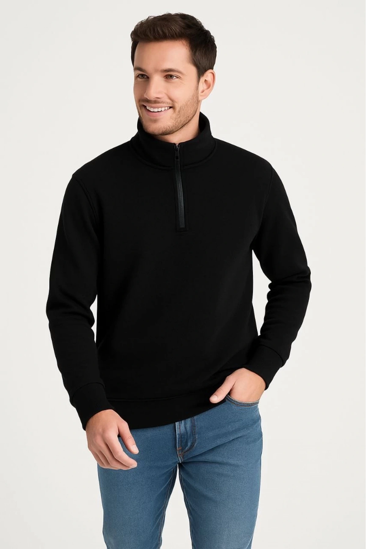 Erkek Dik Yaka Sweatshirt Dik Yaka Yarım Fermuarlı 3 İplik Şardonlu Pamuk Kumaş - Siyah