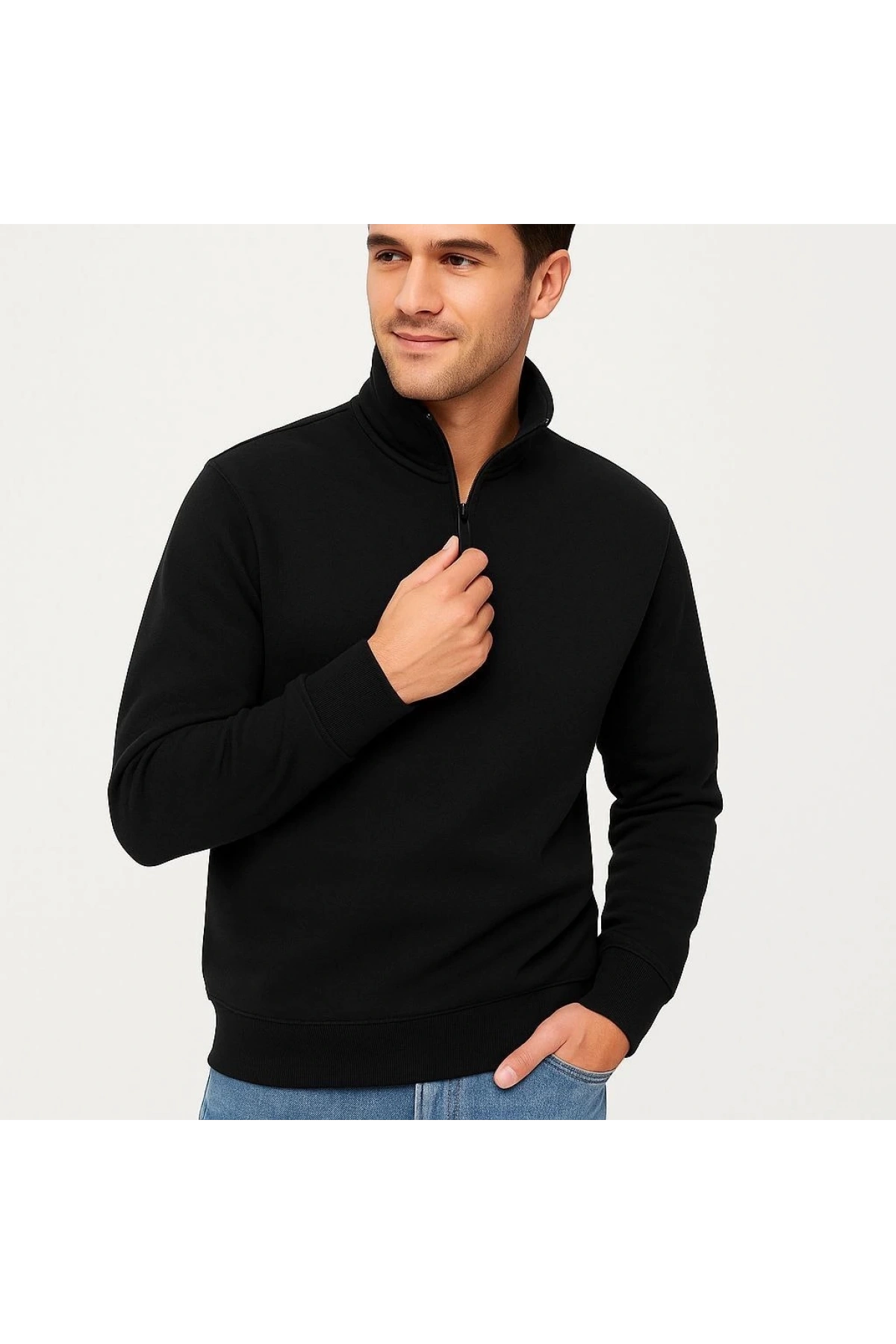 Erkek Dik Yaka Sweatshirt Dik Yaka Yarım Fermuarlı 3 İplik Şardonlu Pamuk Kumaş - Siyah