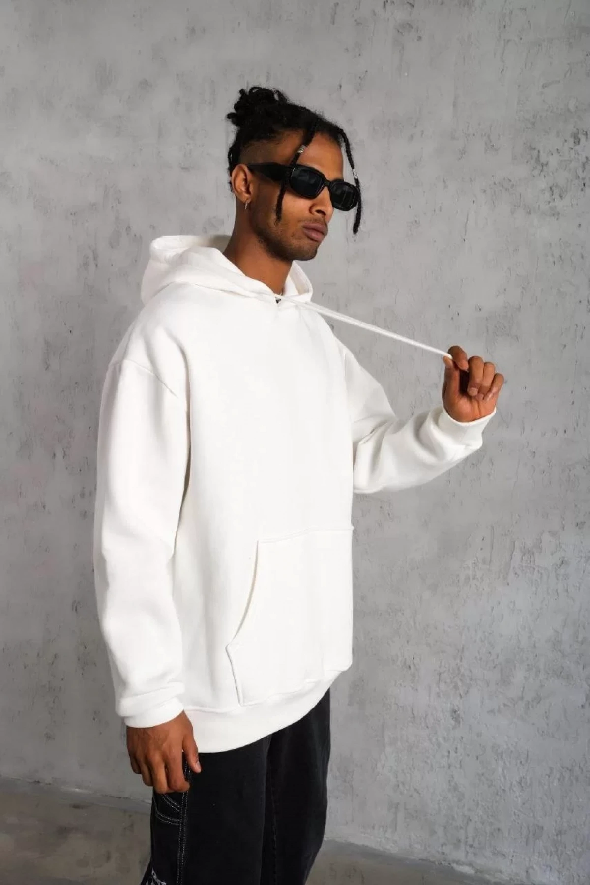 Erkek Düz Kapüşonlu Sweat - Beyaz