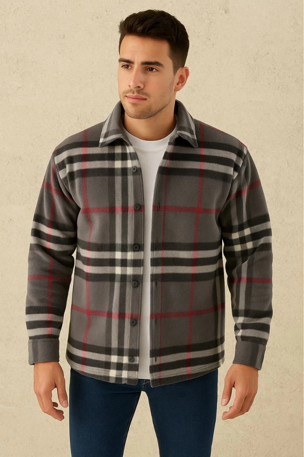 Erkek Ekose Desenli Düğmeli Polar Yakalı Uzun Kollu Gömlek Oversize Rahat Kalıp - Füme