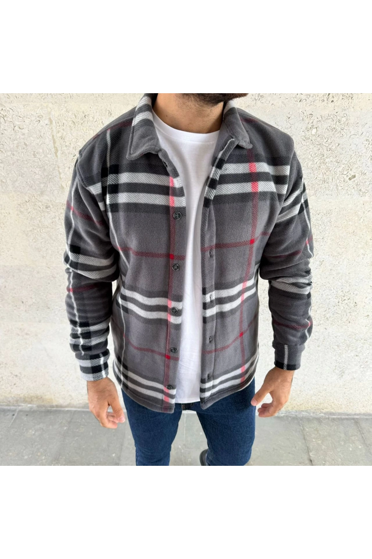 Erkek Ekose Desenli Düğmeli Polar Yakalı Uzun Kollu Gömlek Oversize Rahat Kalıp - Füme