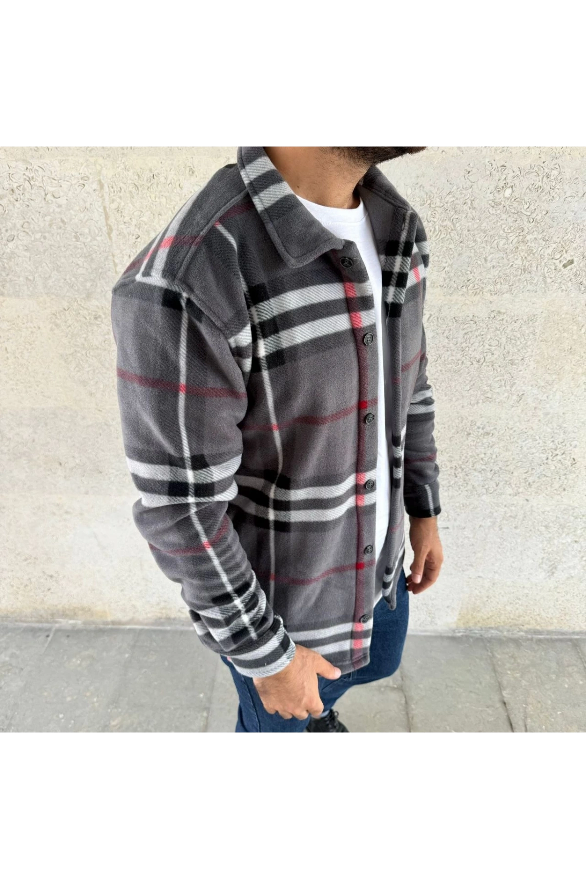 Erkek Ekose Desenli Düğmeli Polar Yakalı Uzun Kollu Gömlek Oversize Rahat Kalıp - Füme