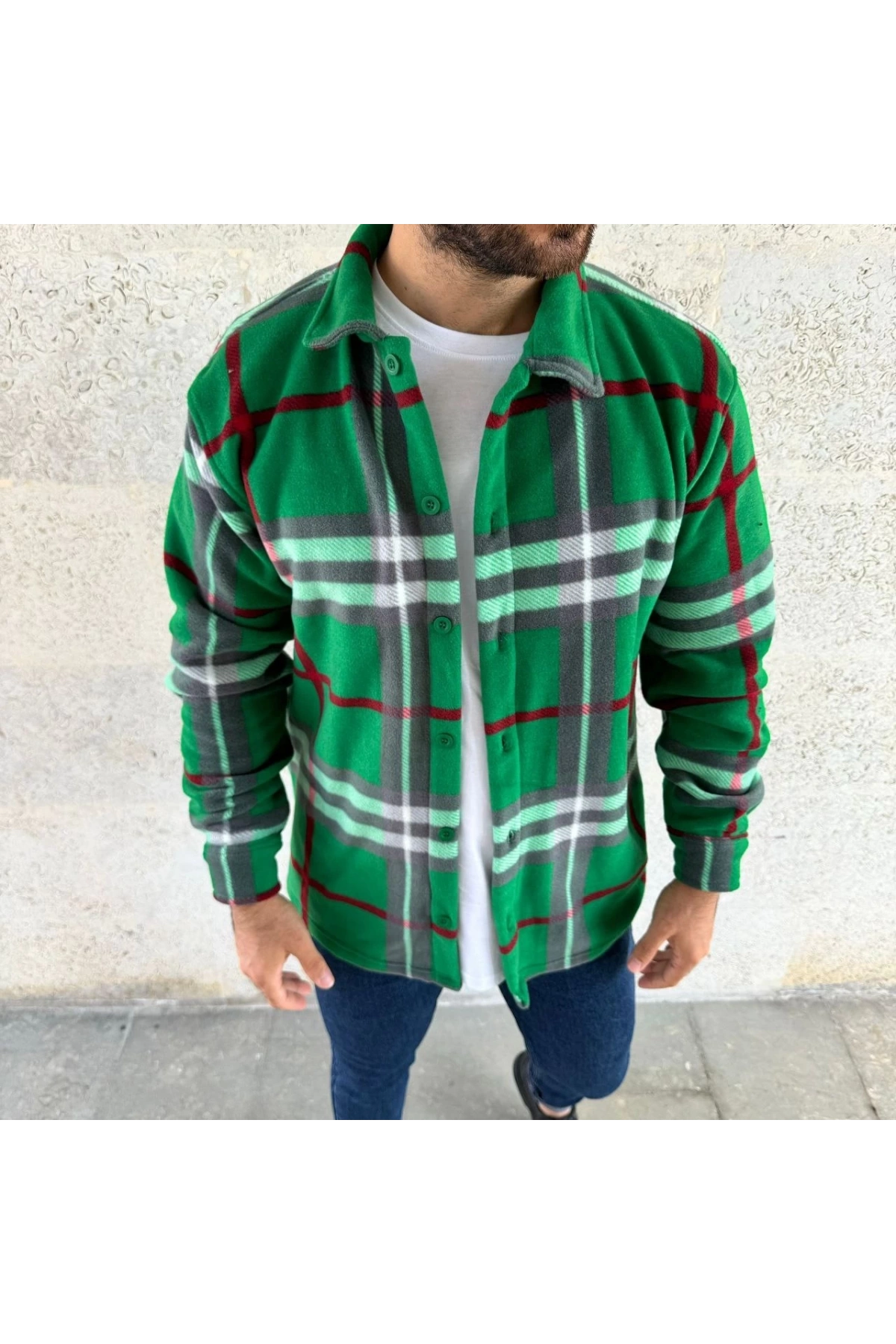 Erkek Ekose Desenli Düğmeli Polar Yakalı Uzun Kollu Gömlek Oversize Rahat Kalıp - Yeşil