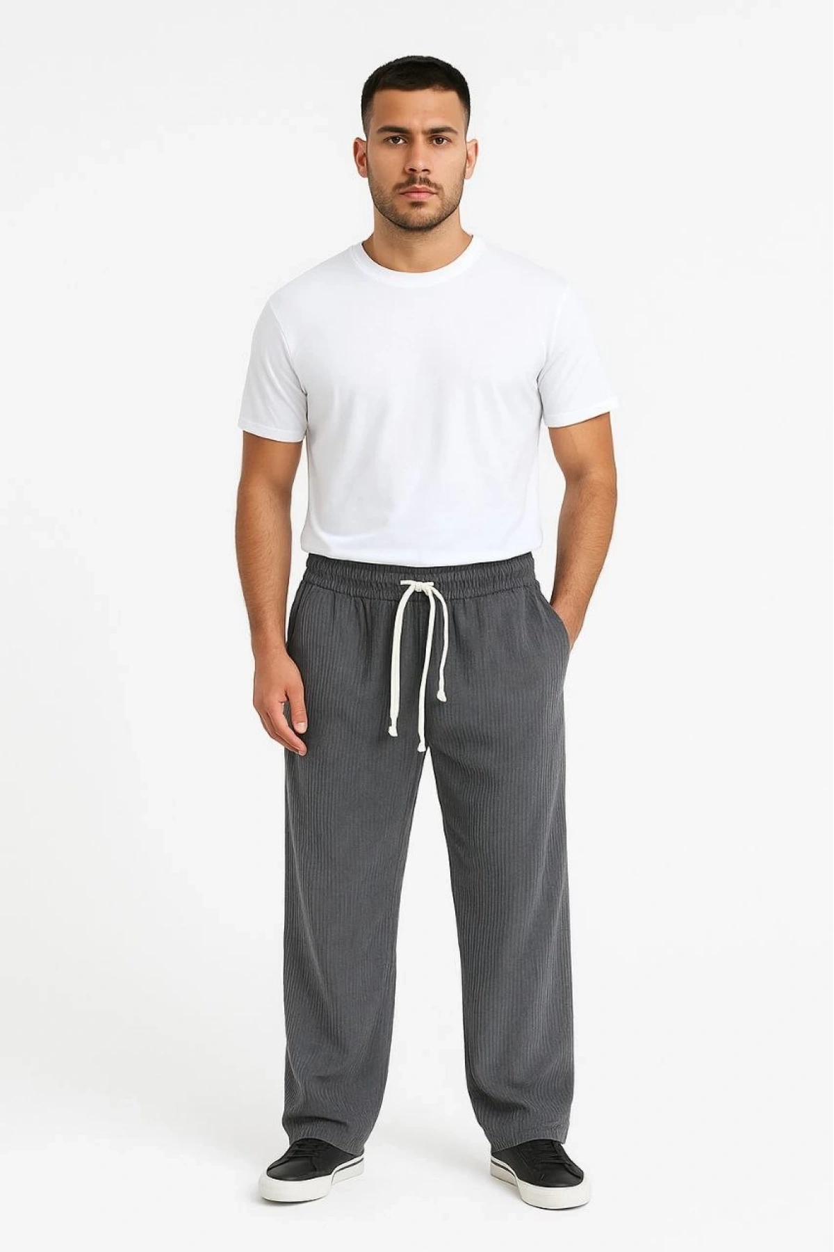 Erkek Fitilli Kadife Cepli Buggy Pantolon Oversize Rahat Kalıp - Füme