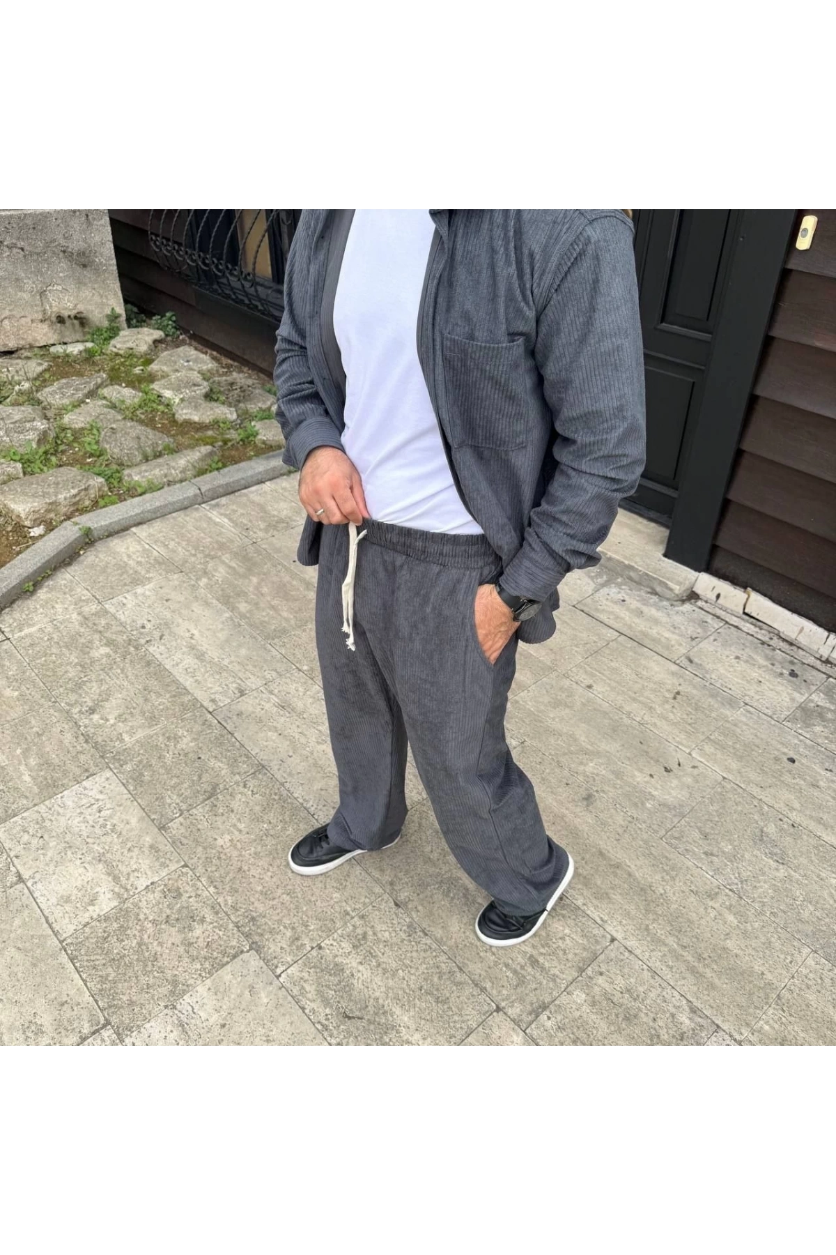 Erkek Fitilli Kadife Cepli Buggy Pantolon Oversize Rahat Kalıp - Füme