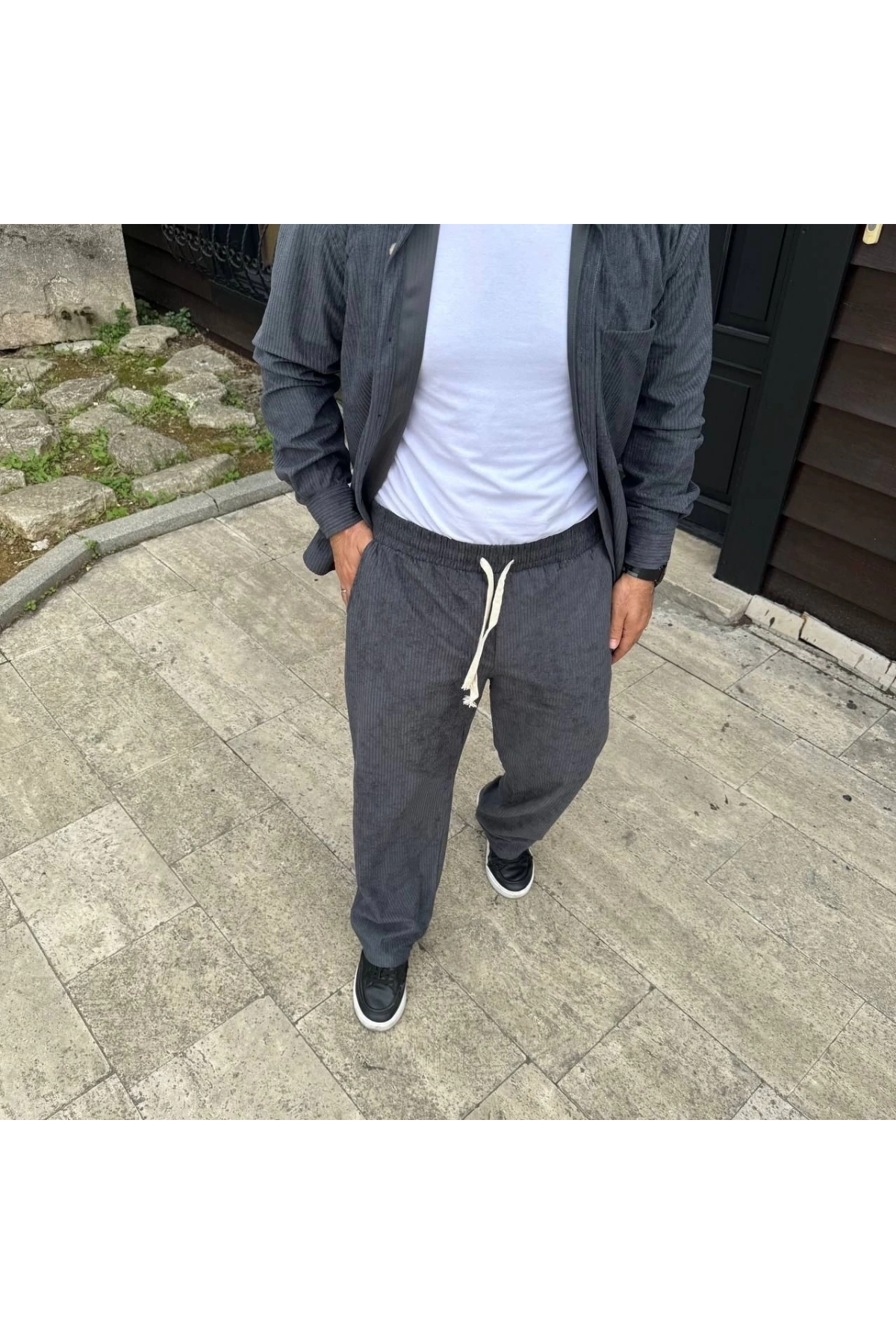 Erkek Fitilli Kadife Cepli Buggy Pantolon Oversize Rahat Kalıp - Füme