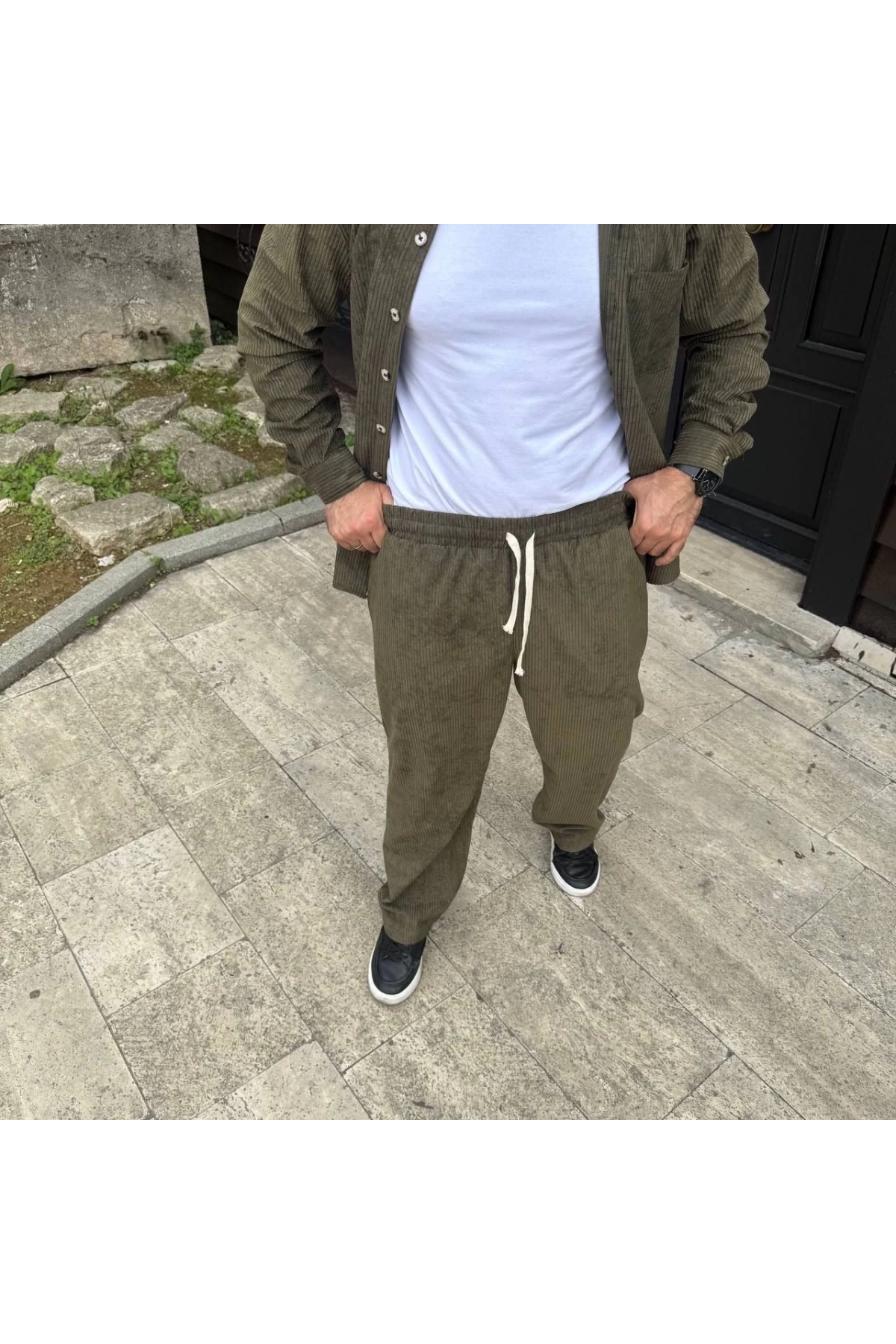 Erkek Fitilli Kadife Cepli Buggy Pantolon Oversize Rahat Kalıp - Haki