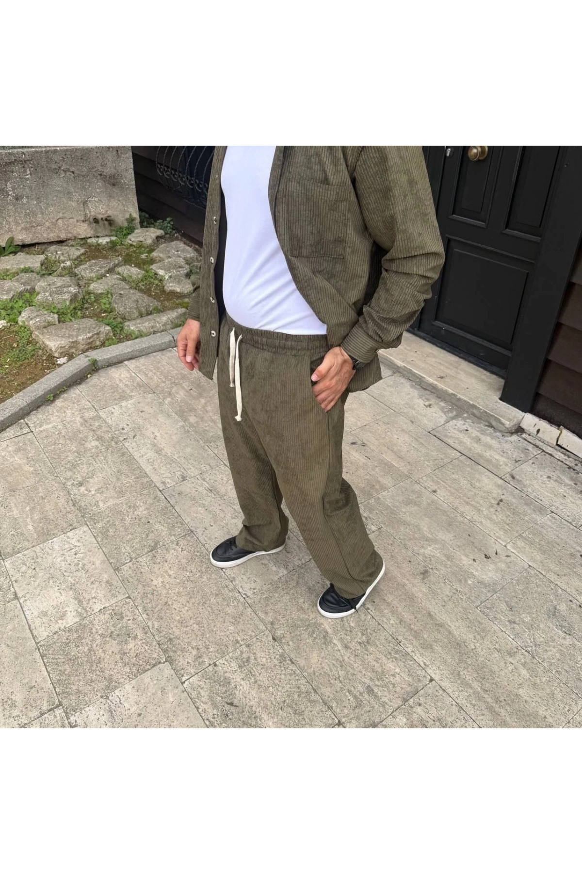 Erkek Fitilli Kadife Cepli Buggy Pantolon Oversize Rahat Kalıp - Haki