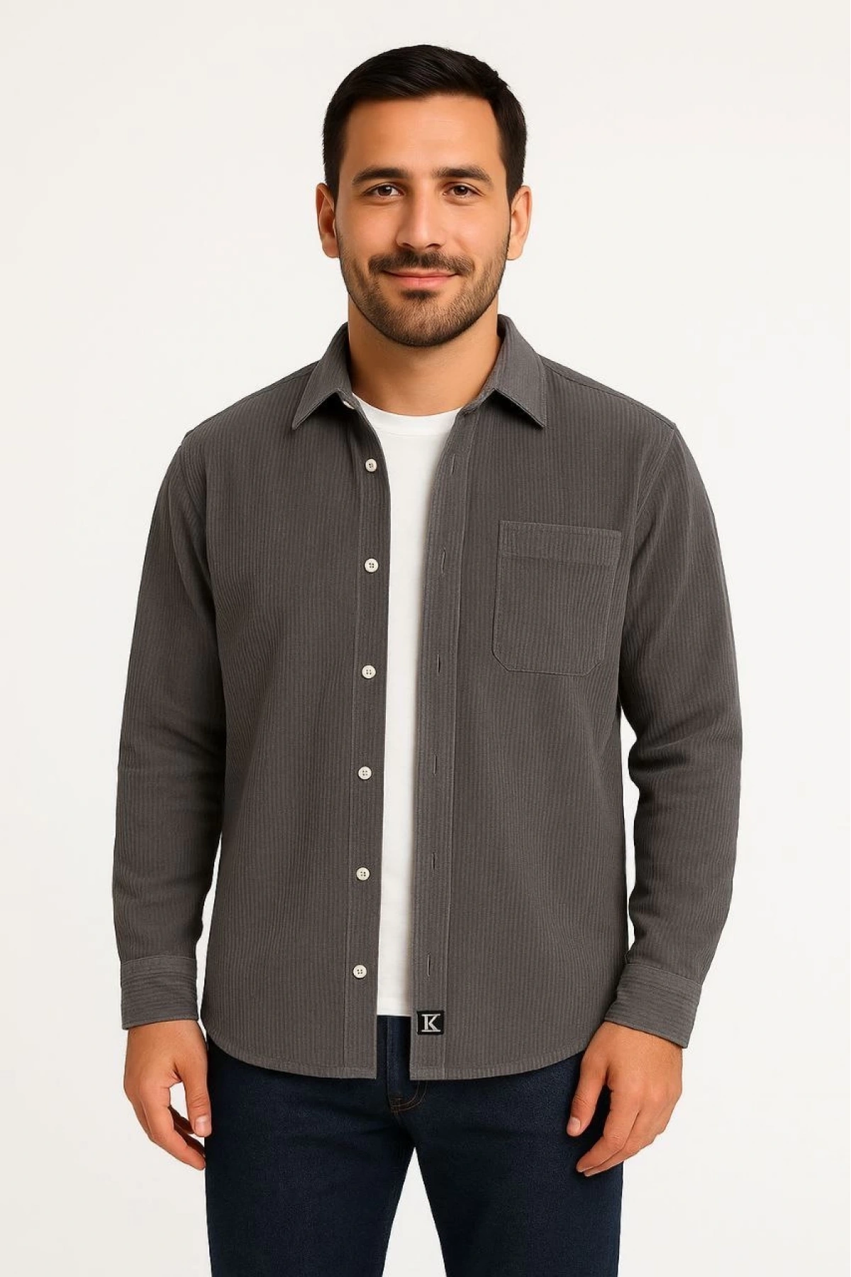 Erkek Fitilli Kadife Cepli Gömlek Oversize Rahat Kalıp - Füme