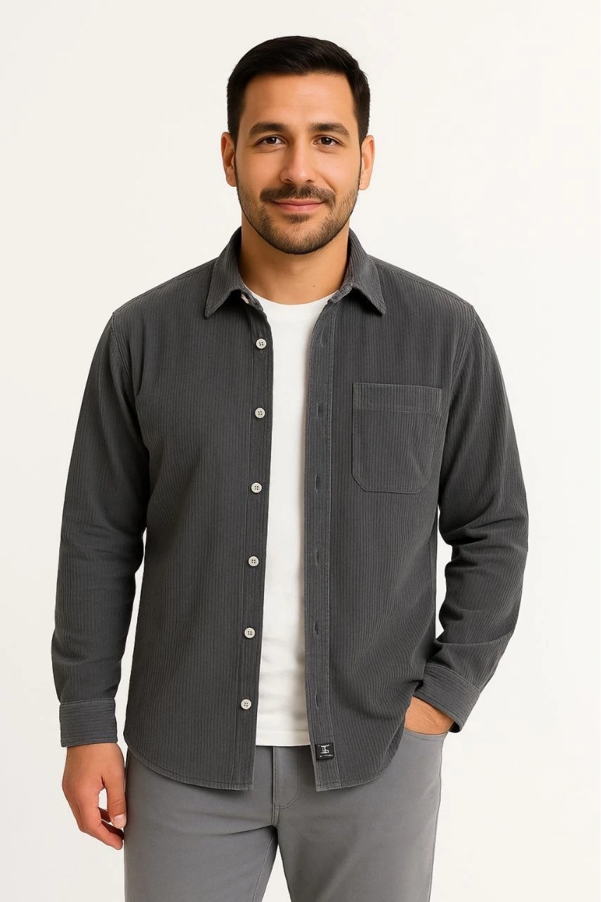 Erkek Fitilli Kadife Cepli Gömlek Oversize Rahat Kalıp - Füme