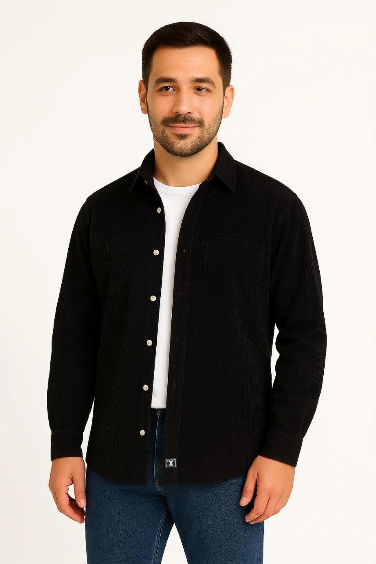 Erkek Fitilli Kadife Cepli Gömlek Oversize Rahat Kalıp - Siyah