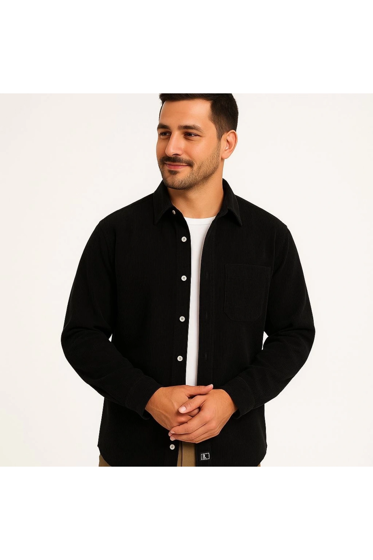 Erkek Fitilli Kadife Cepli Gömlek Oversize Rahat Kalıp - Siyah