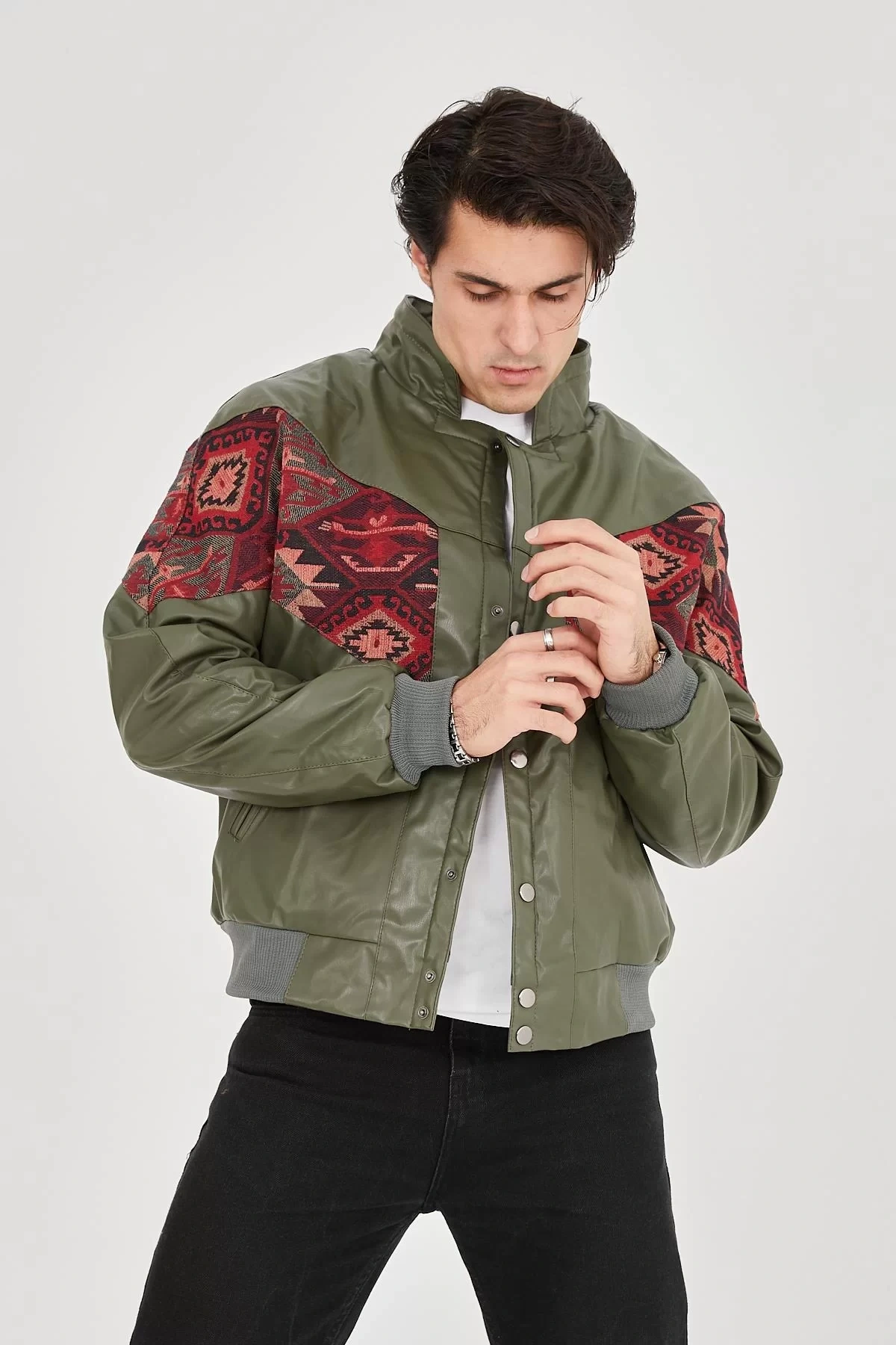 Erkek İçi Astarlı İçten Yaka Kısmı Peluşlu Suni Kumaş Vintage Ceket - Haki