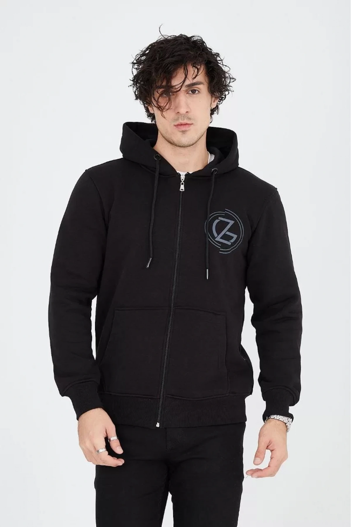 Erkek Kapüşonlu Baskılı Fermuarlı Hırka - Siyah