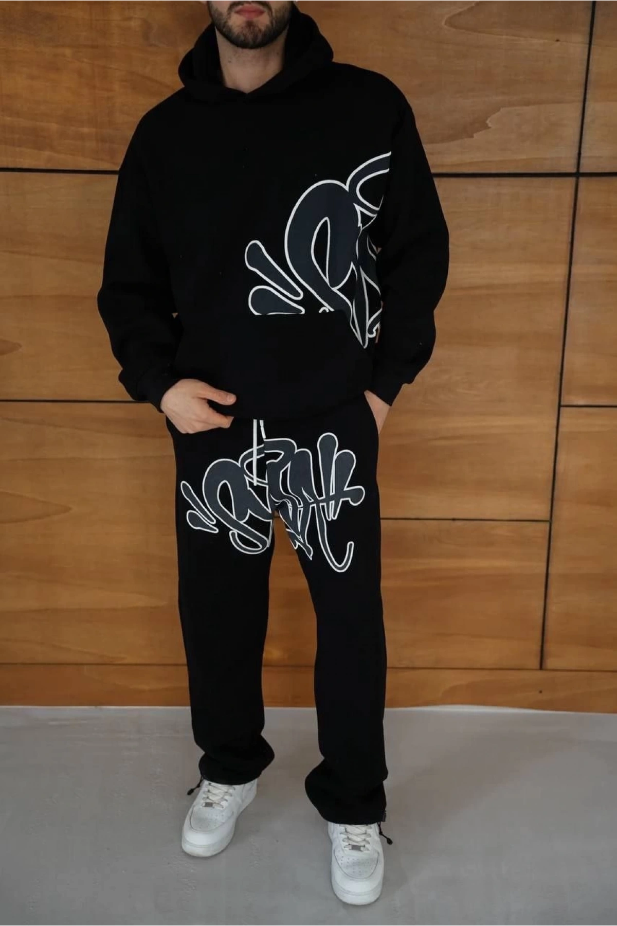 Erkek Kapüşonlu Eşofman Takım Graffiti Baskılı Oversize Rahat Kalıp, Kanguru Cepli, Streetwear Tarzında Premium Ürün 3 iplik Pamuklu - Siyah