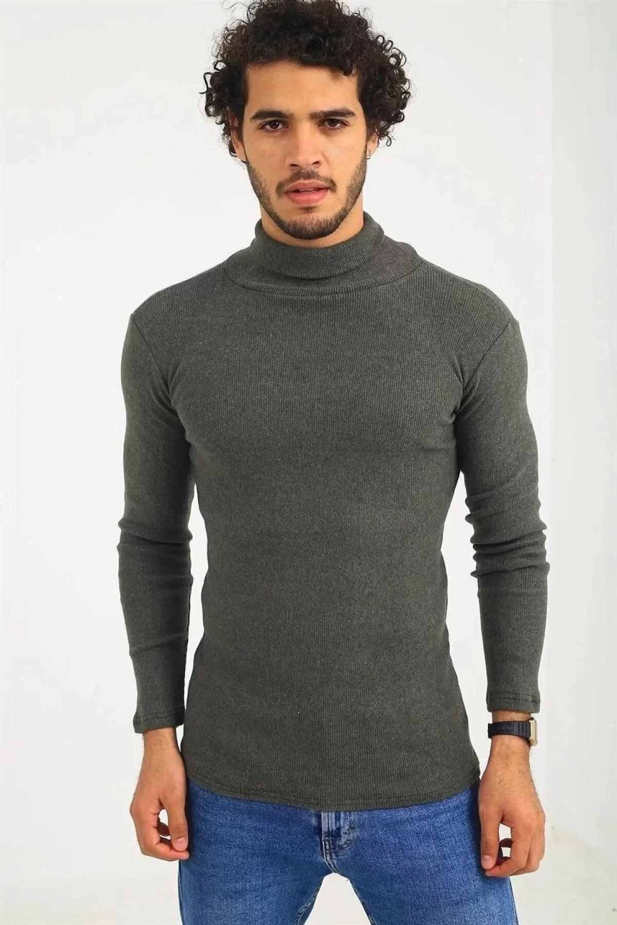 Erkek Kaşkorse Boğazlı Full Likralı Fitilli Body Kazak - Haki