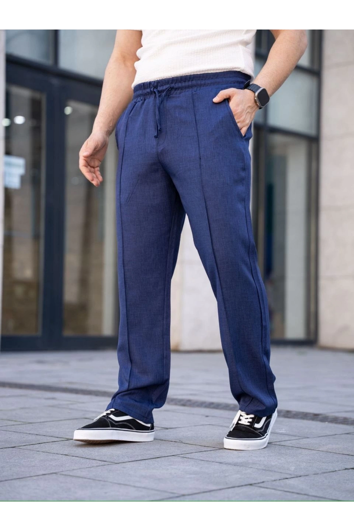 Erkek Keten Cepli Çıma Dikişli jogger Buggy Pantalon Rahat kalıp - Lacivert