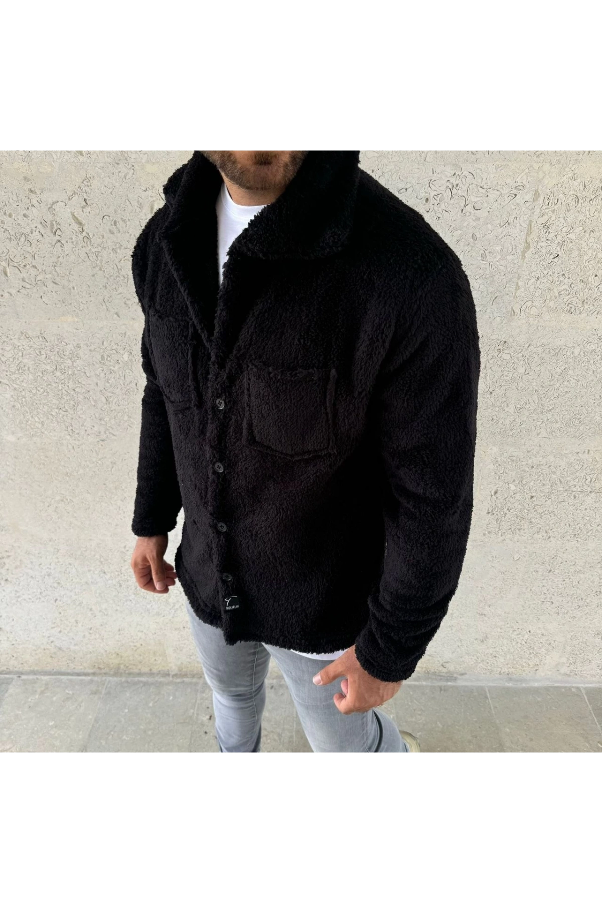 Erkek Pelüş Polar Hırka Gömlek – Yakalı, İlik Düğmeli, Göğüs Cepli, Yumuşak Dokulu Kışlık Regular Fit Rahat Günlük Model - Siyah