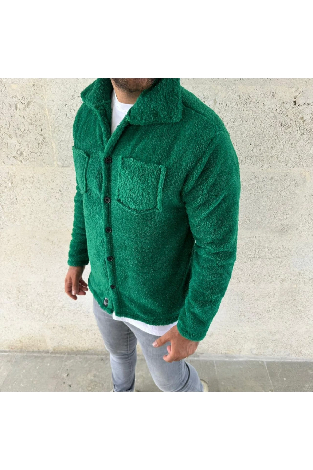 Erkek Pelüş Polar Hırka Gömlek – Yakalı, İlik Düğmeli, Göğüs Cepli, Yumuşak Dokulu Kışlık Regular Fit Rahat Günlük Model - Çimen Yeşili