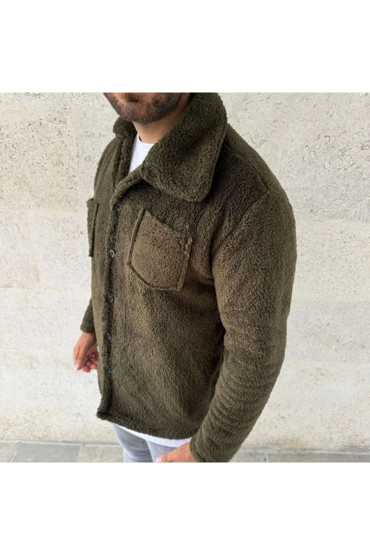 Erkek Pelüş Polar Hırka Gömlek – Yakalı, İlik Düğmeli, Göğüs Cepli, Yumuşak Dokulu Kışlık Regular Fit Rahat Günlük Model - Haki