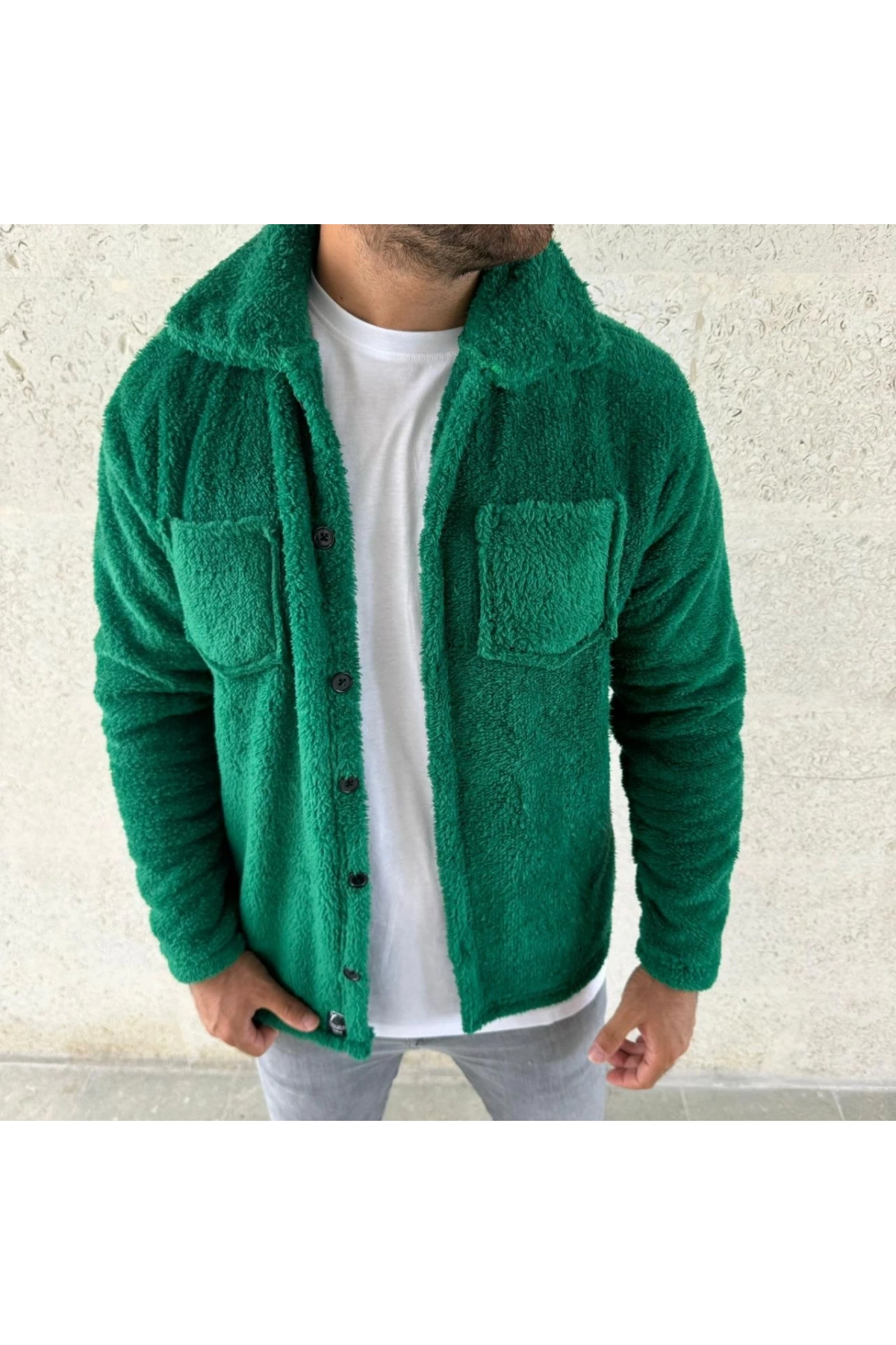 Erkek Pelüş Polar Hırka Gömlek – Yakalı, İlik Düğmeli, Göğüs Cepli, Yumuşak Dokulu Kışlık Regular Fit Rahat Günlük Model - Çimen Yeşili