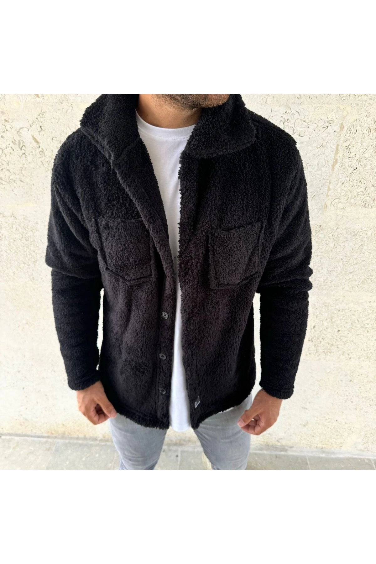 Erkek Pelüş Polar Hırka Gömlek – Yakalı, İlik Düğmeli, Göğüs Cepli, Yumuşak Dokulu Kışlık Regular Fit Rahat Günlük Model - Siyah