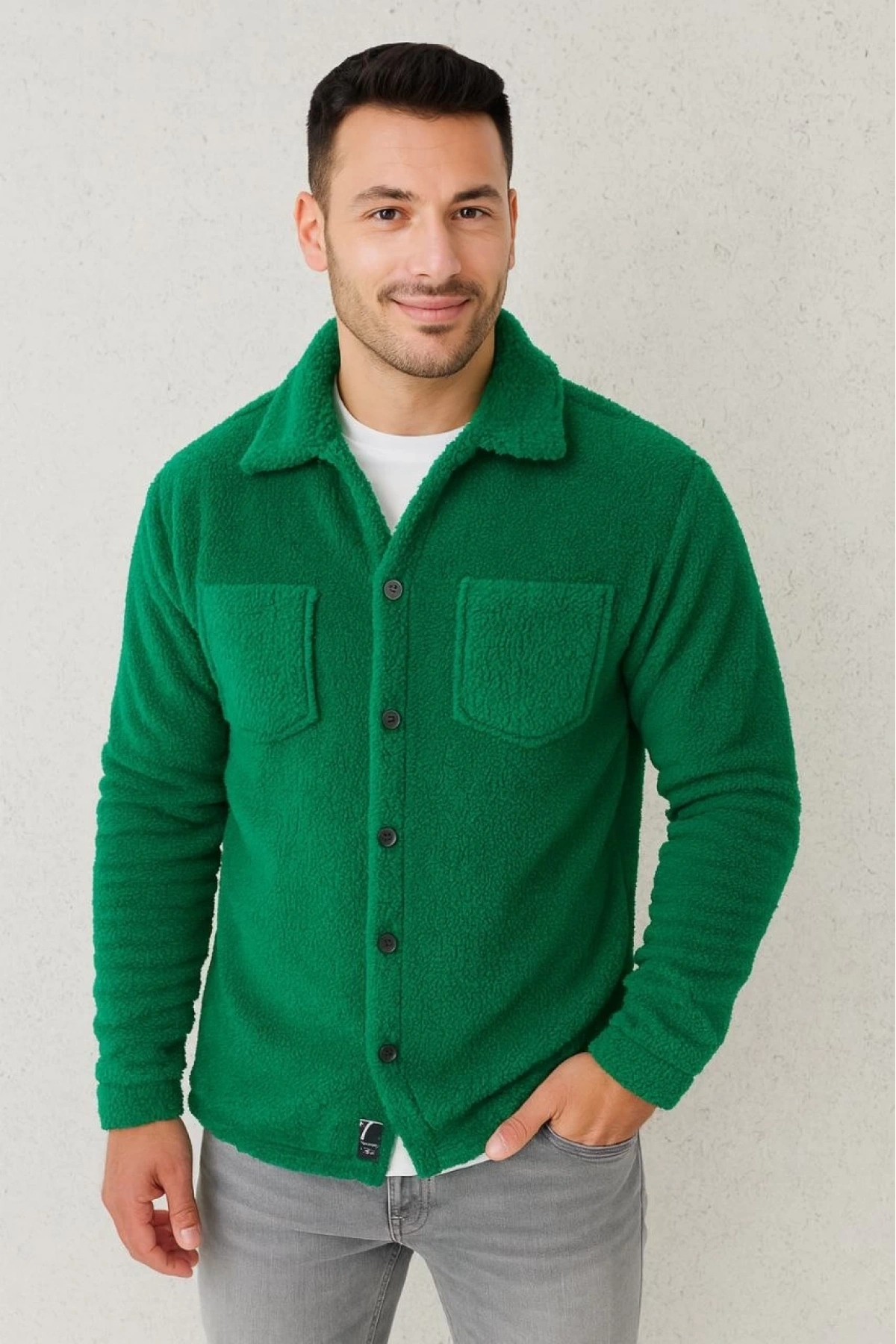 Erkek Pelüş Polar Hırka Gömlek – Yakalı, İlik Düğmeli, Göğüs Cepli, Yumuşak Dokulu Kışlık Regular Fit Rahat Günlük Model - Çimen Yeşili