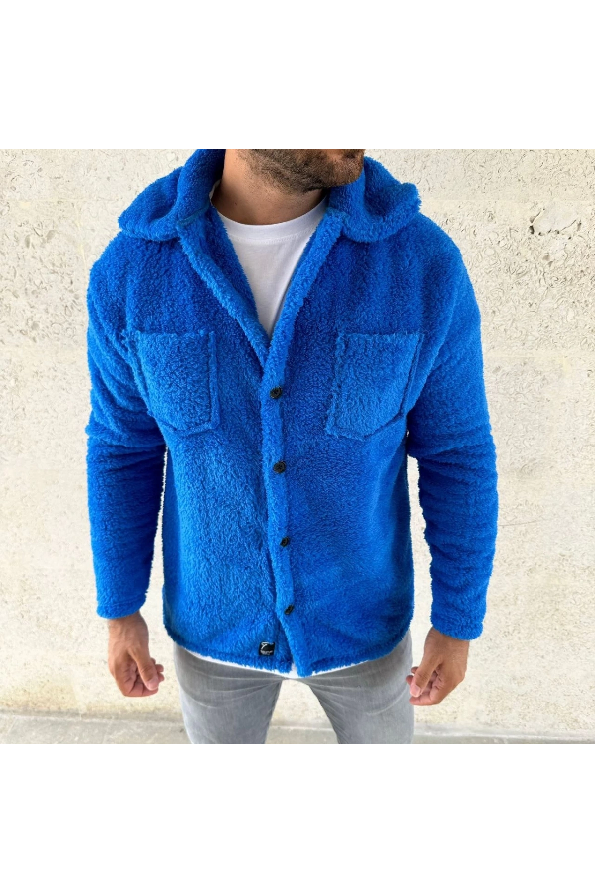 Erkek Pelüş Polar Hırka Gömlek – Yakalı, İlik Düğmeli, Göğüs Cepli, Yumuşak Dokulu Kışlık Regular Fit Rahat Günlük Model - Saks Mavisi