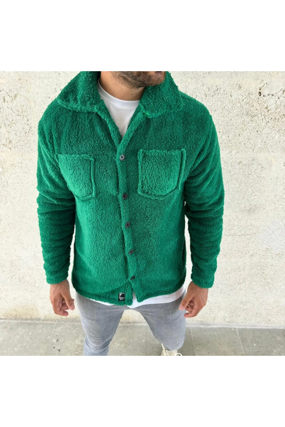 Erkek Pelüş Polar Hırka Gömlek – Yakalı, İlik Düğmeli, Göğüs Cepli, Yumuşak Dokulu Kışlık Regular Fit Rahat Günlük Model - Çimen Yeşili