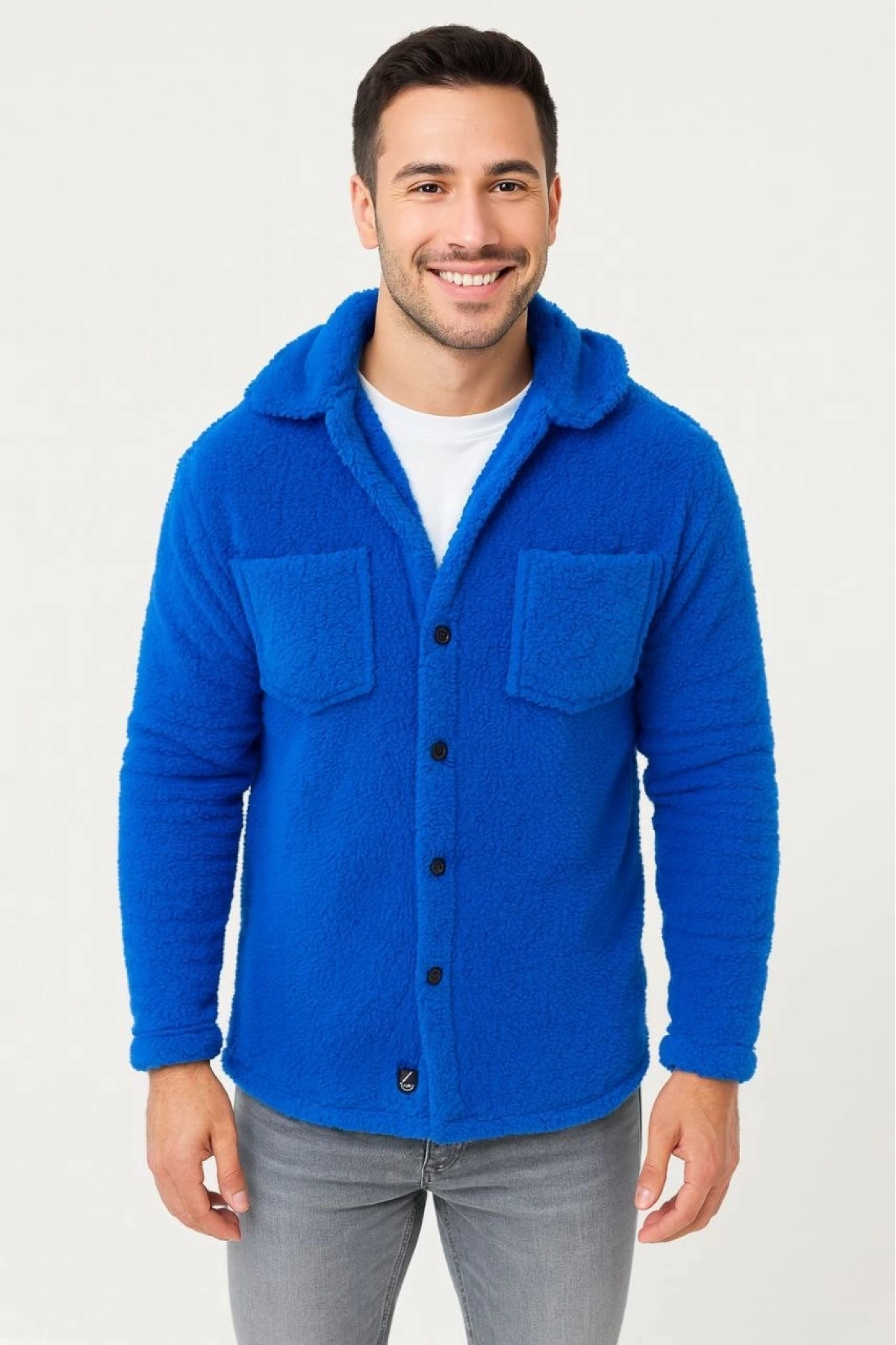 Erkek Pelüş Polar Hırka Gömlek – Yakalı, İlik Düğmeli, Göğüs Cepli, Yumuşak Dokulu Kışlık Regular Fit Rahat Günlük Model - Saks Mavisi
