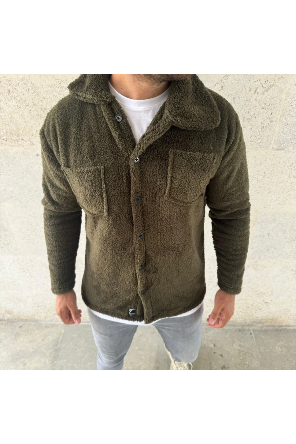 Erkek Pelüş Polar Hırka Gömlek – Yakalı, İlik Düğmeli, Göğüs Cepli, Yumuşak Dokulu Kışlık Regular Fit Rahat Günlük Model - Haki