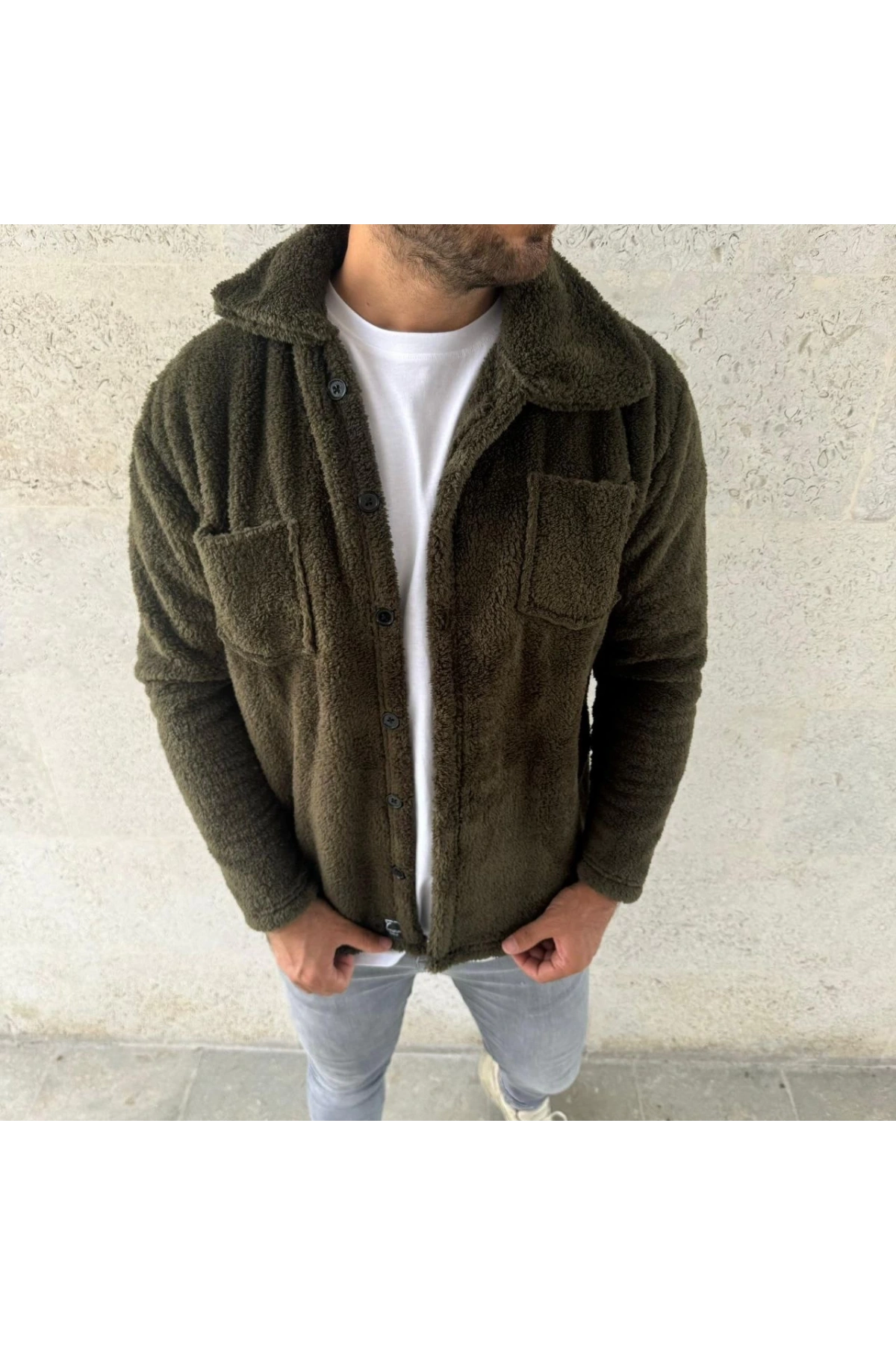 Erkek Pelüş Polar Hırka Gömlek – Yakalı, İlik Düğmeli, Göğüs Cepli, Yumuşak Dokulu Kışlık Regular Fit Rahat Günlük Model - Haki