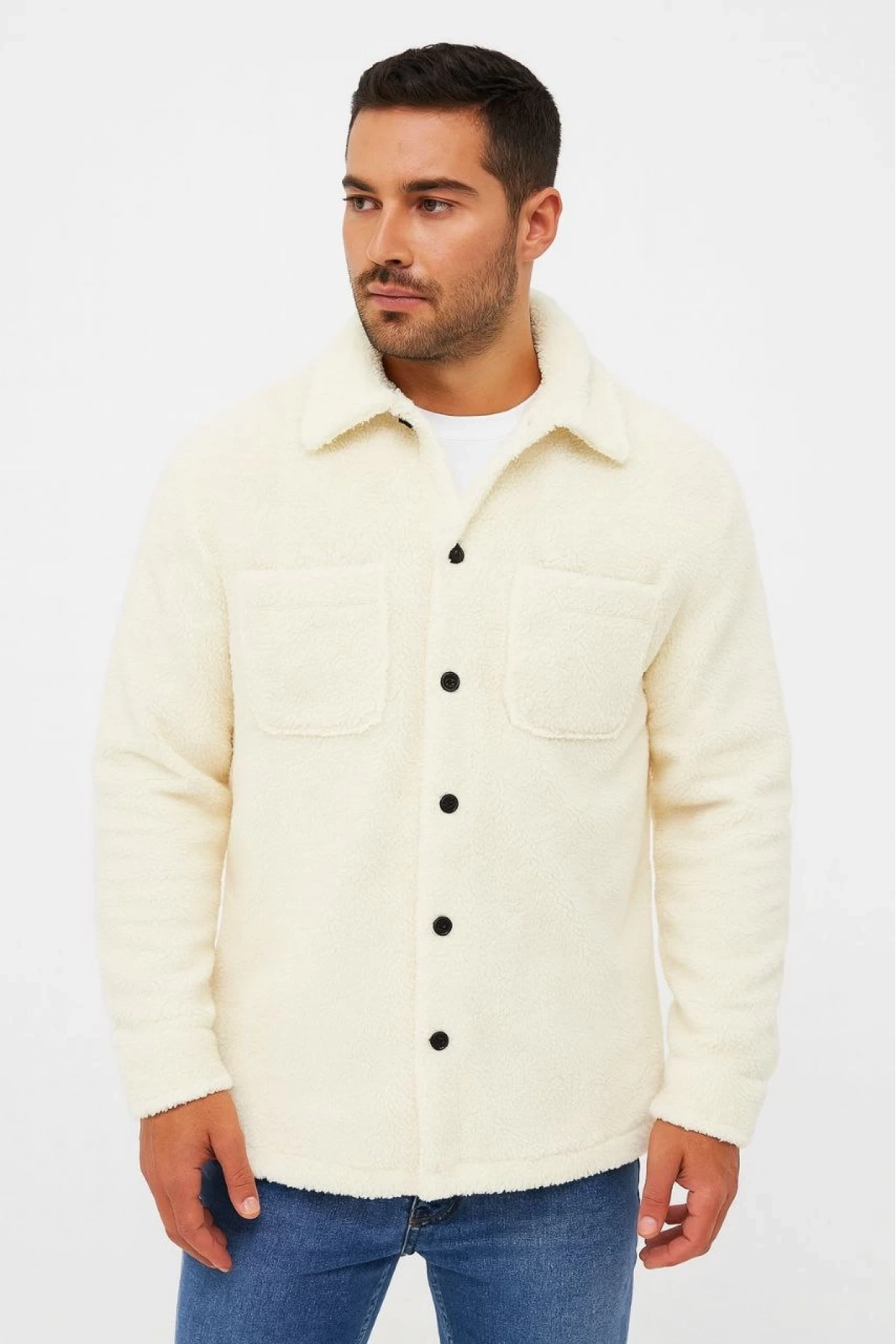 Erkek Pelüş Polar Hırka Gömlek – Yakalı, İlik Düğmeli, Göğüs Cepli, Yumuşak Dokulu Kışlık Regular Fit Rahat Günlük Model - Beyaz
