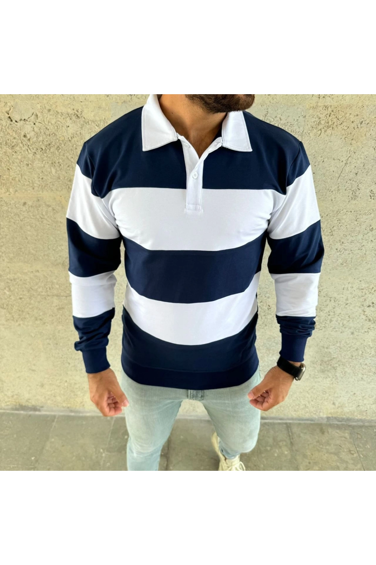 Erkek Polo Yaka Uzun Kollu Çizgili Sweatshirt Trend Rugby Stil - Lacivert