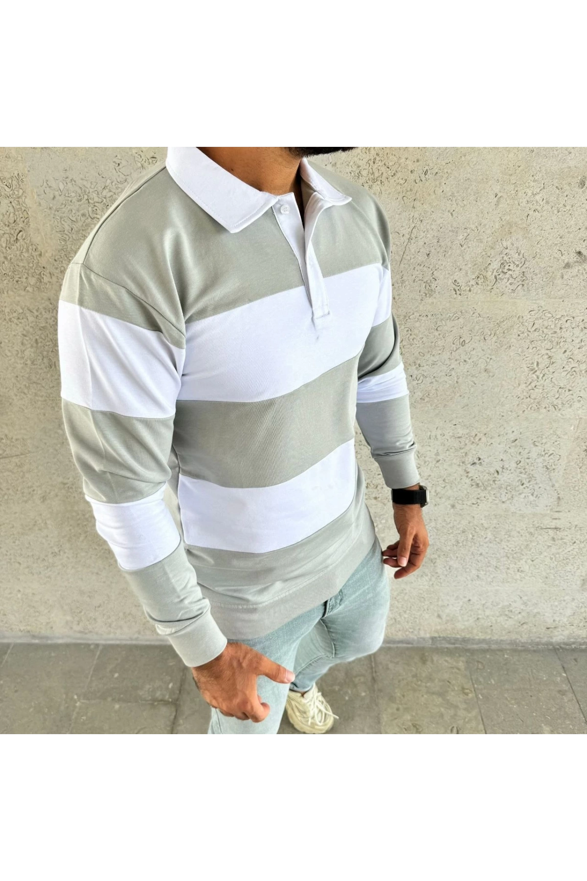 Erkek Polo Yaka Uzun Kollu Çizgili Sweatshirt Trend Rugby Stil - Mint Yeşili