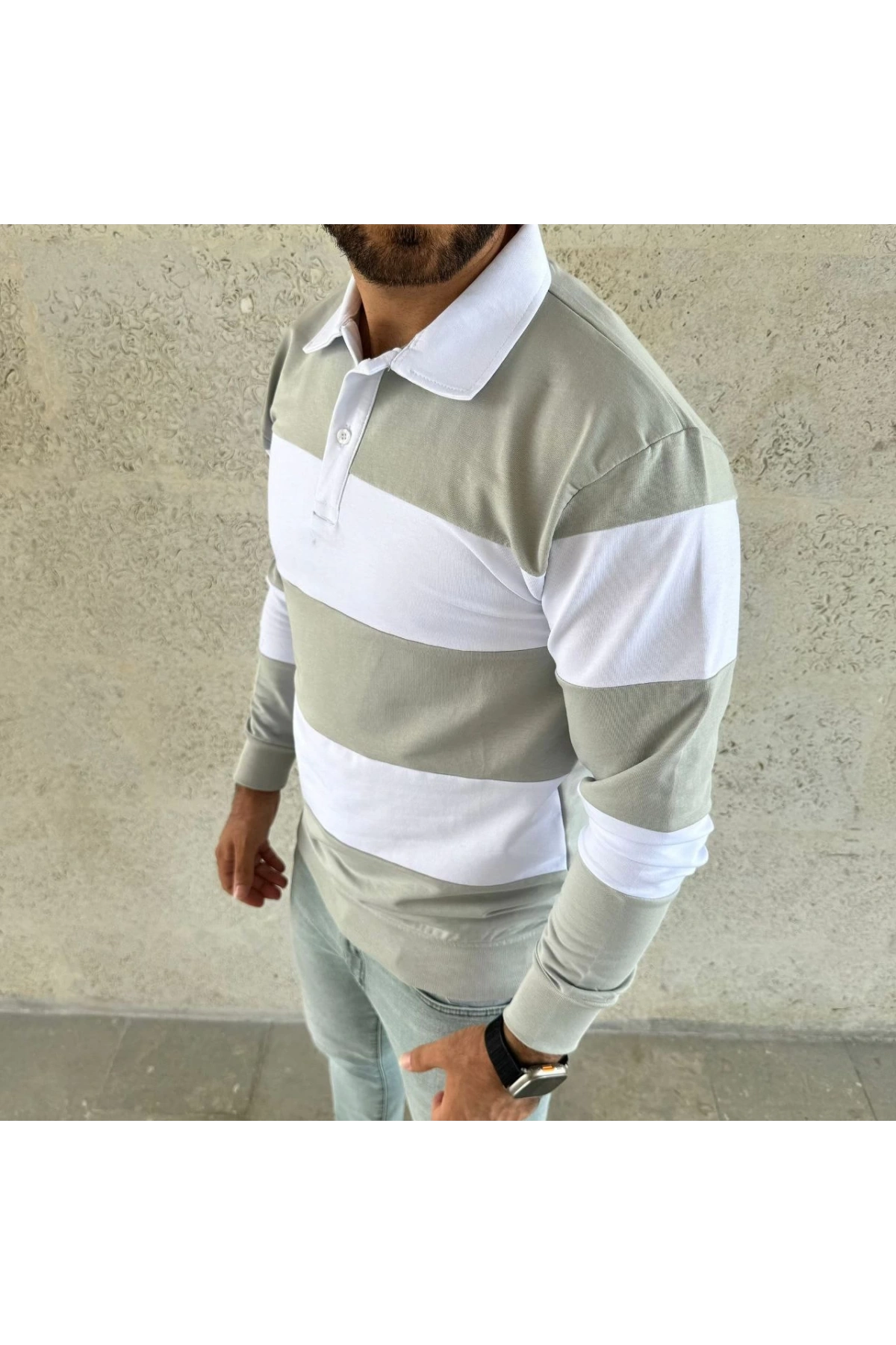 Erkek Polo Yaka Uzun Kollu Çizgili Sweatshirt Trend Rugby Stil - Mint Yeşili