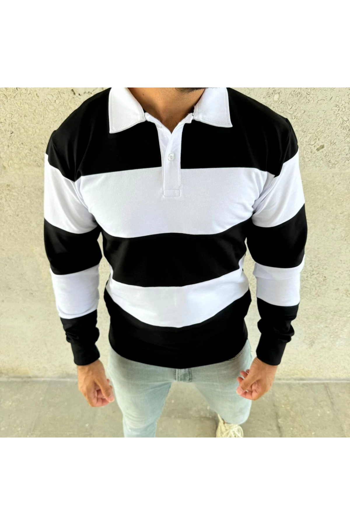 Erkek Polo Yaka Uzun Kollu Çizgili Sweatshirt Trend Rugby Stil - Siyah