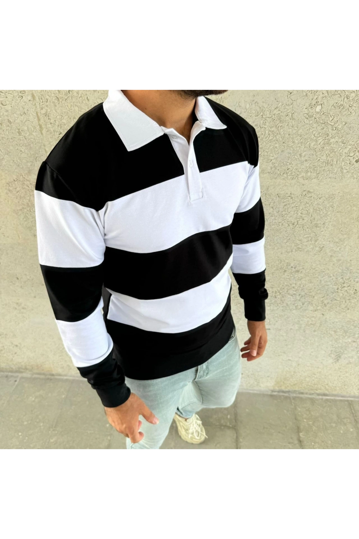 Erkek Polo Yaka Uzun Kollu Çizgili Sweatshirt Trend Rugby Stil - Siyah