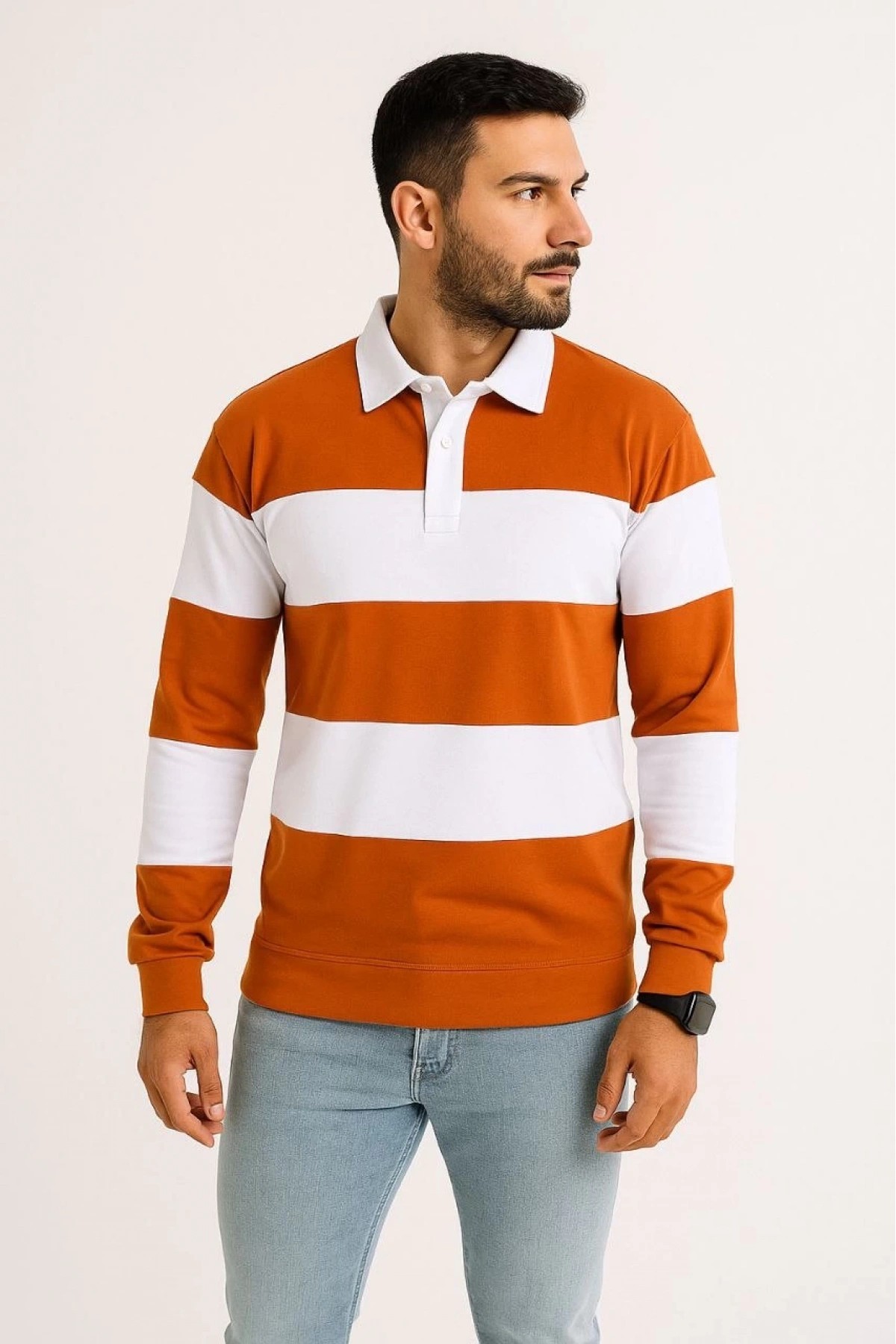 Erkek Polo Yaka Uzun Kollu Çizgili Sweatshirt Trend Rugby Stil - Turuncu