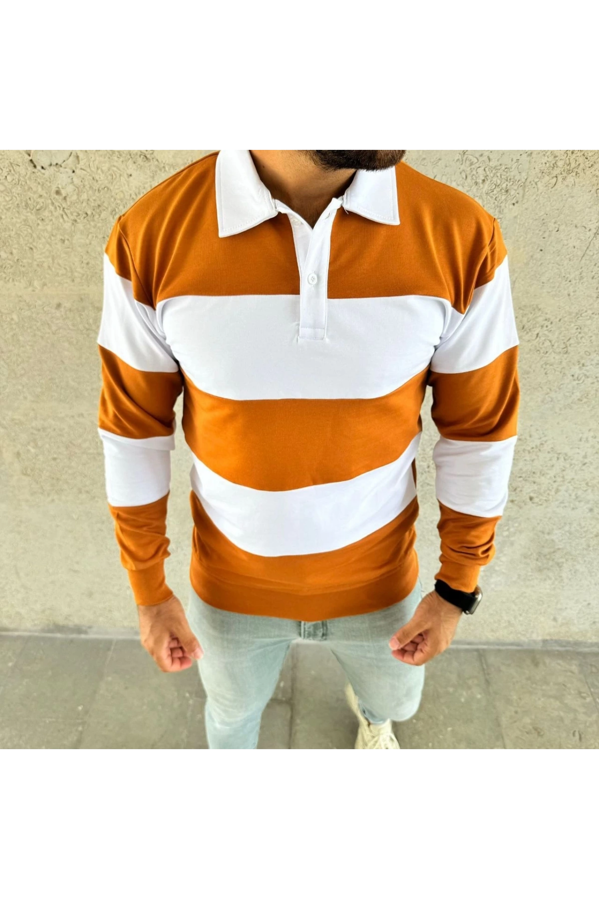 Erkek Polo Yaka Uzun Kollu Çizgili Sweatshirt Trend Rugby Stil - Turuncu