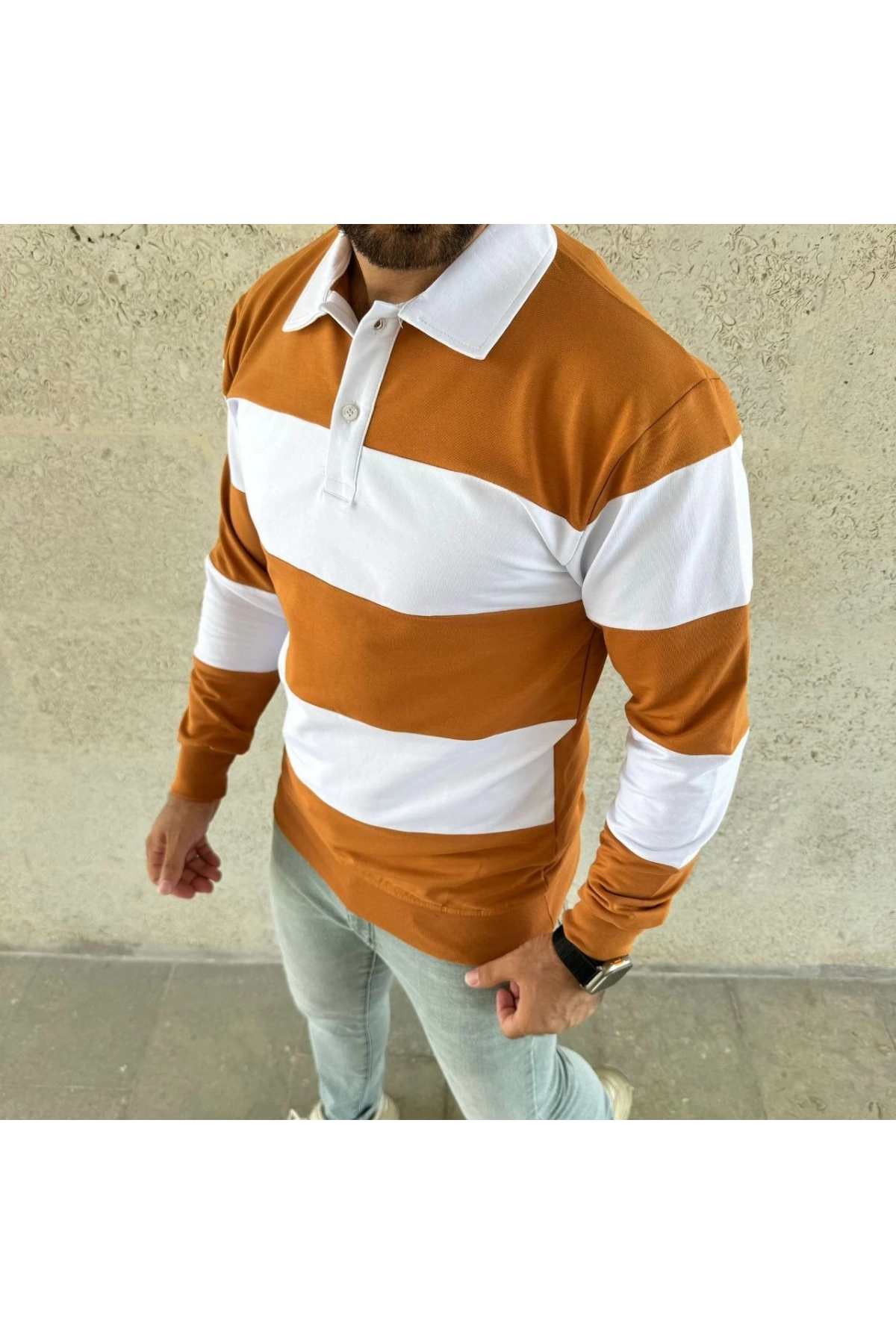 Erkek Polo Yaka Uzun Kollu Çizgili Sweatshirt Trend Rugby Stil - Turuncu