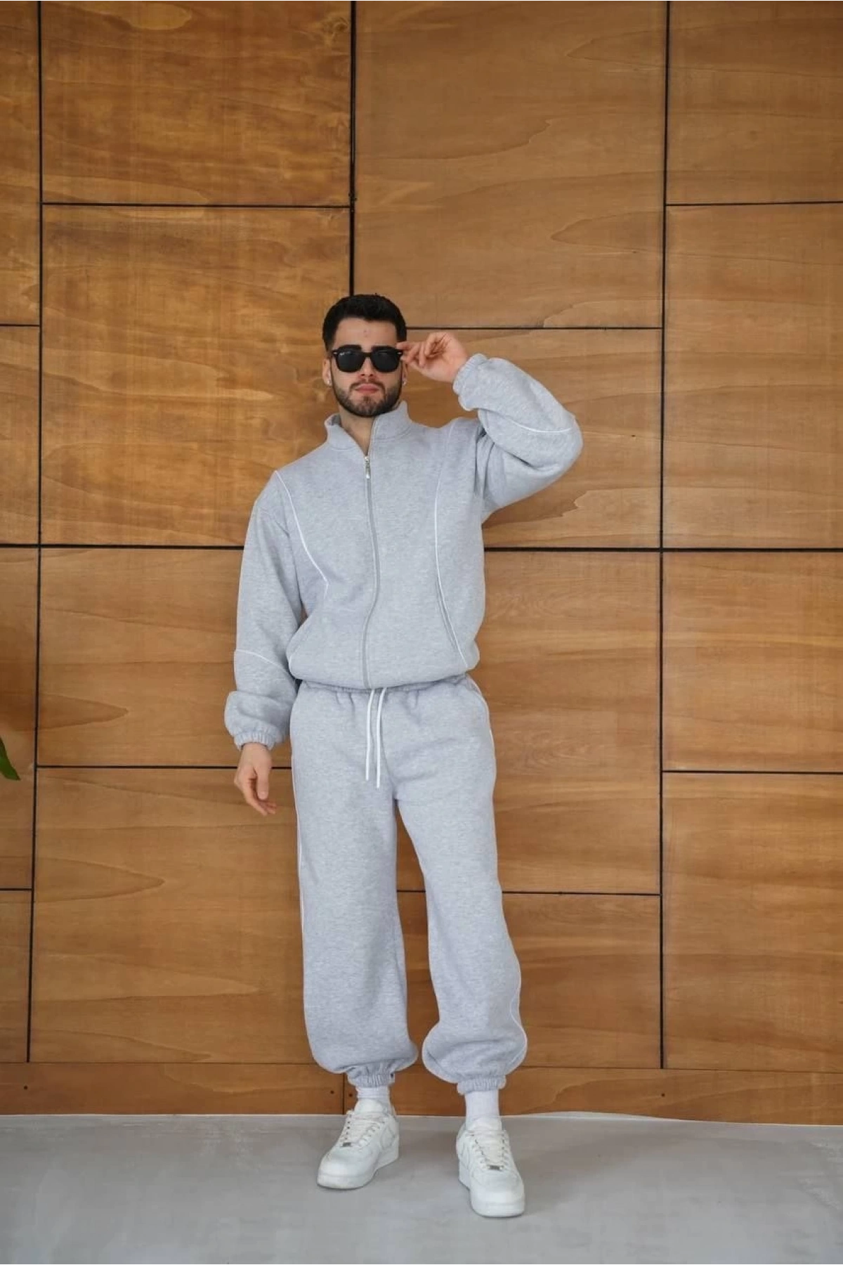 Erkek Premium Parçalı Eşofman Takım - Dik Yaka Fermuarlı Biyeli Sweatshirt Lastik Paça Alt, Oversize 3 iplik Şardonlu - Gri