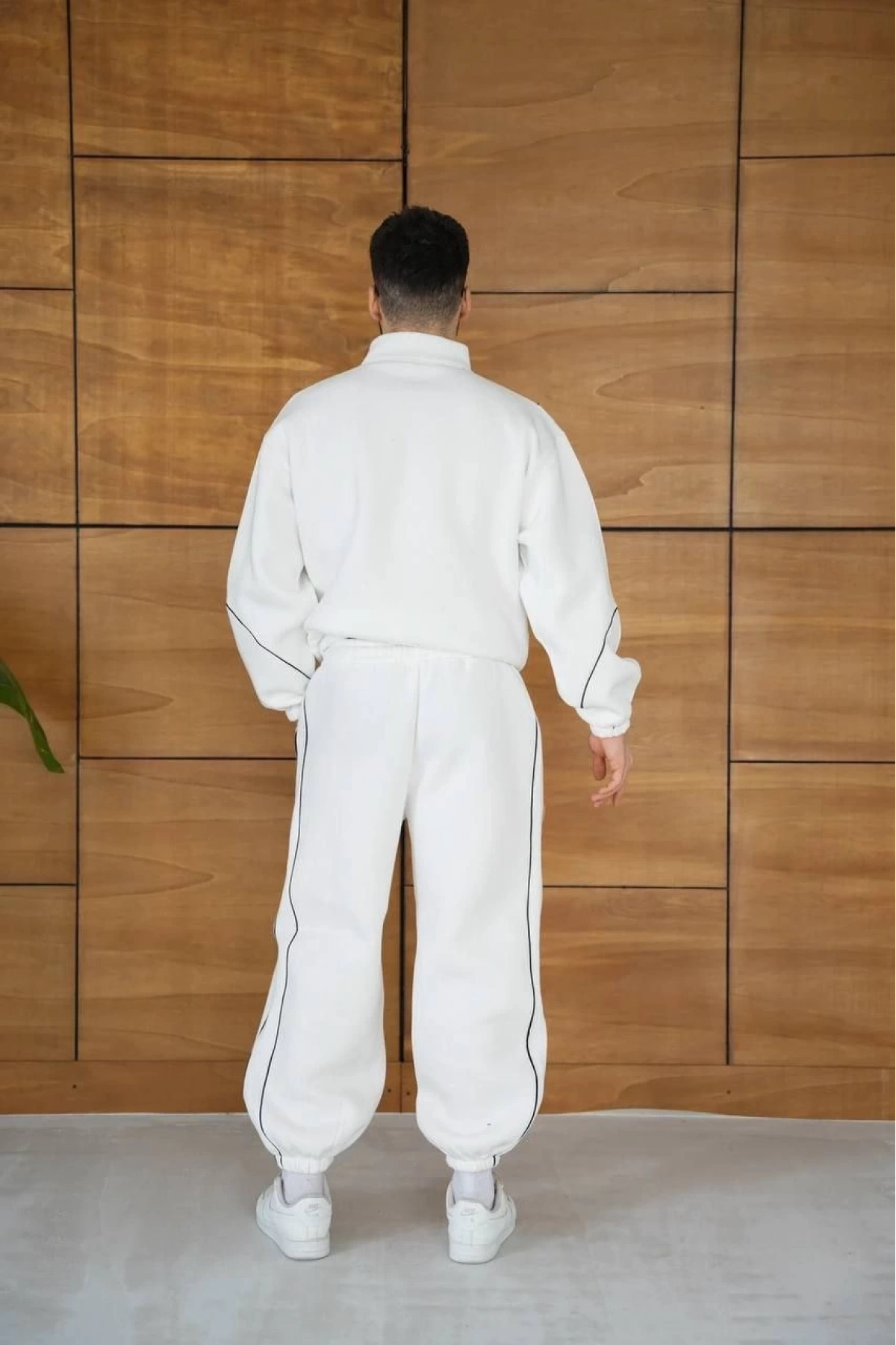 Erkek Premium Parçalı Eşofman Takım - Dik Yaka Fermuarlı Biyeli Sweatshirt Lastik Paça Alt, Oversize 3 iplik Şardonlu - Beyaz